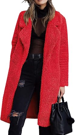 Angashion Womens Fuzzy Fleece Lapel Open Front Long Cardigan Coat Faux Fur Warm Winter Outwear Jackets