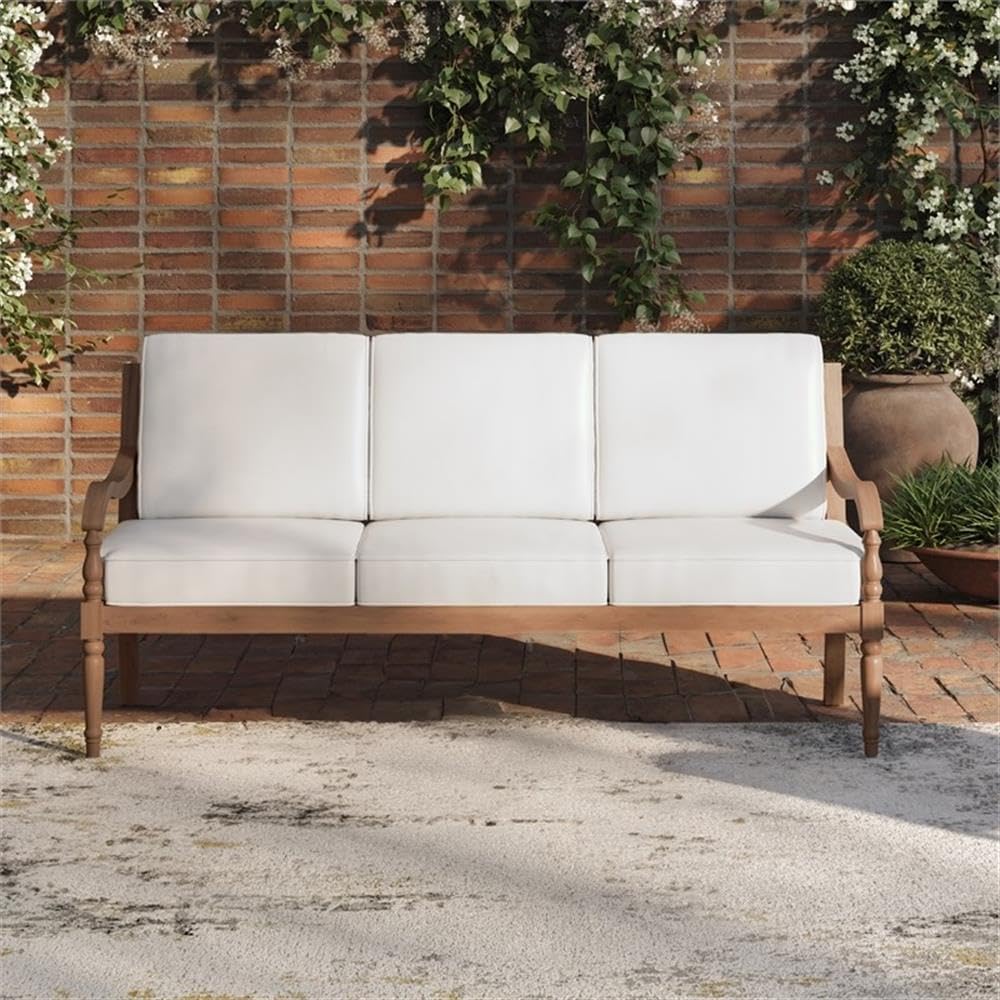 Pemberly Row Traditional Patio Sofa, 75.6" W x 31.5" D x 33.7" H, FSC Certified Acacia Wood Frame, Natural Finish, White Linen Polyester Upholstery, Turned Legs, Comfortable Foam Cushions, Outdoor