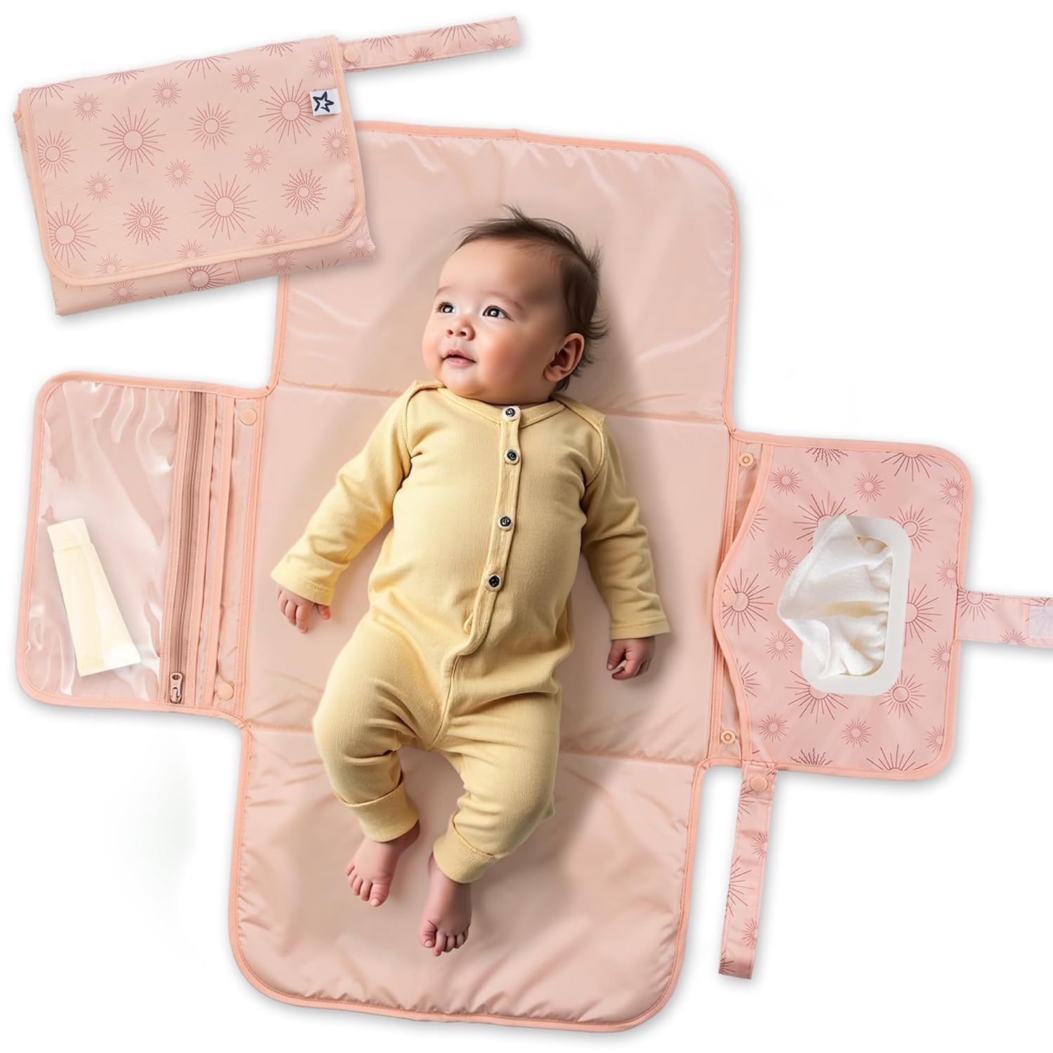 Tiny Twinkle Portable Diaper Changing Pad-Foldable Waterproof Changing Mat&Portable Changing Pad for Travel,Baby Changing Station with Smart Wipes Pocket&Storage (Shine)
