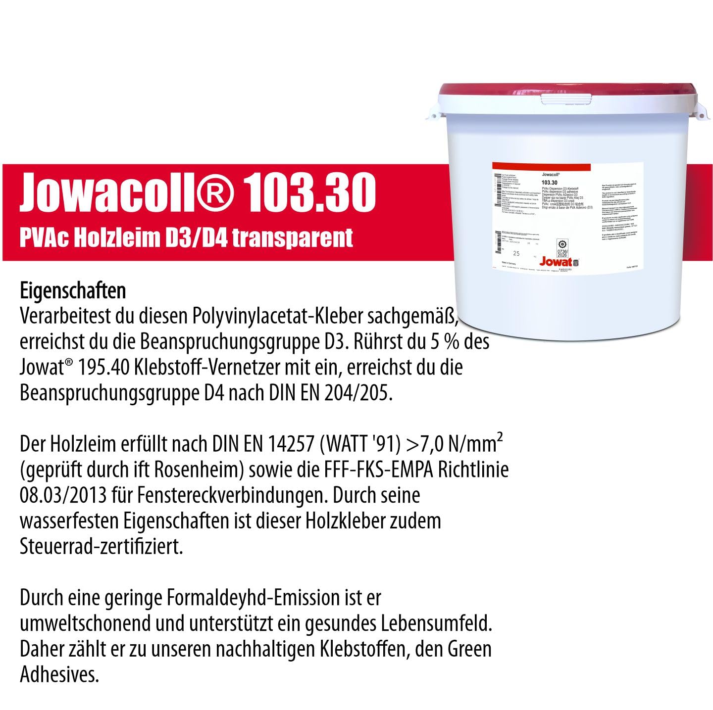 Jowat Jowacoll 103.30 25 kg Holzleim-Set inkl. Leimspachtel – Dispersionsleim für Holz, Kanten, Furniere & Möbelbau – hohe Festigkeit