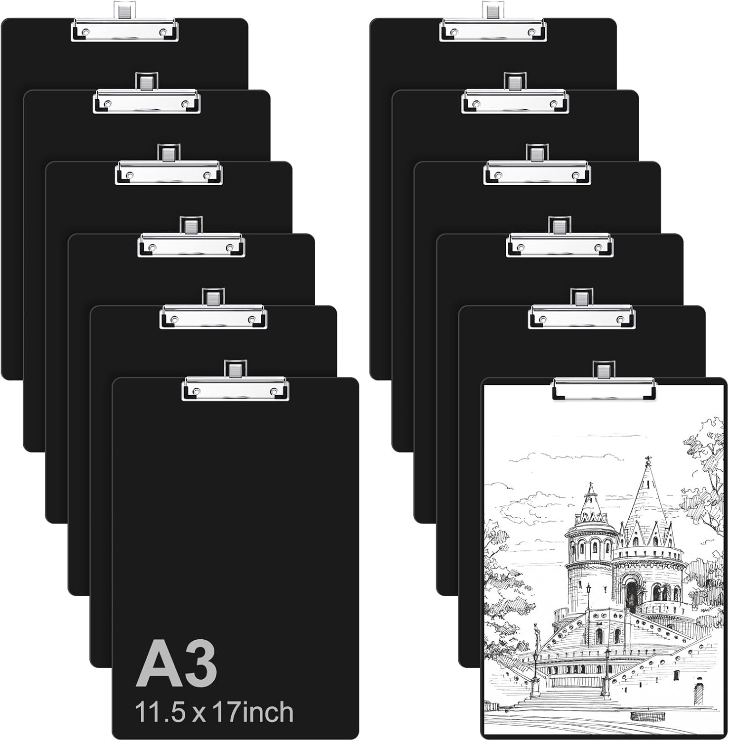 11x17 Ledger Size Clipboard with Pen Holder, Black Large Clip Board for Teachers, Students, Lawyers, Vertical Layout, with Low Profile Clip, Office & School Supplies（12Pack）