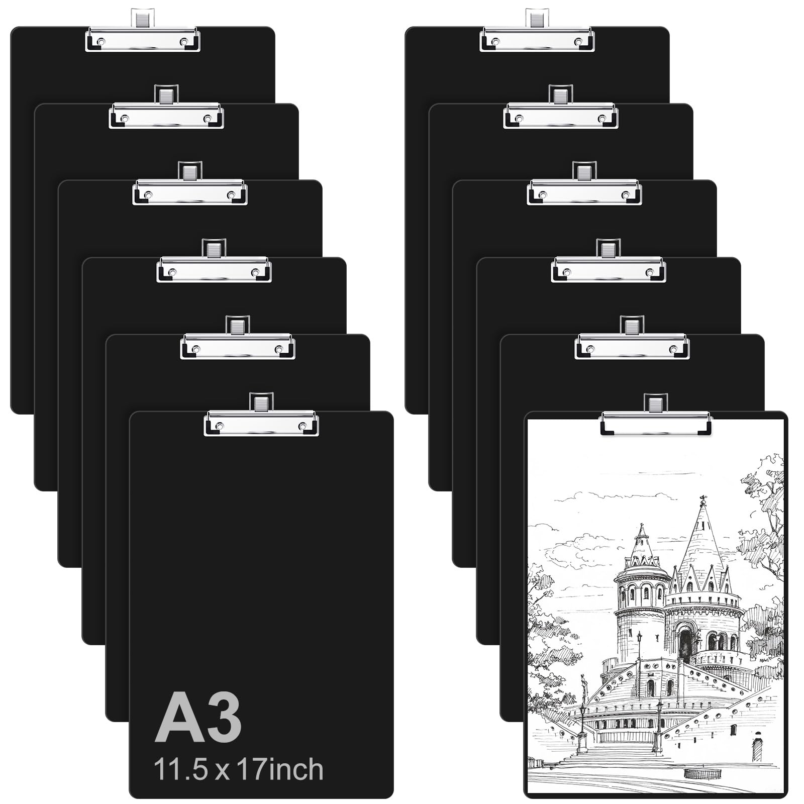 Zoenley 11x17 Ledger Size Clipboard with Pen Holder, Black Large Clip Board for Teachers, Students, Lawyers, Vertical Layout, with Low Profile Clip, Office & School Supplies(12Pack)