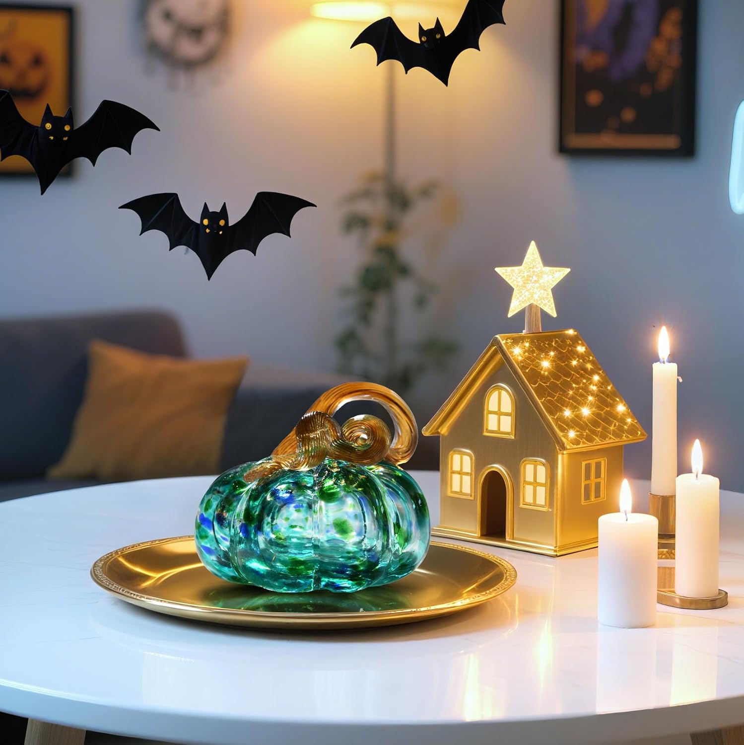 3" Large Blown Glass Pumpkin Figurine Collectible Thanksgiving Fall Harvest Pumpkin Crystal Glass Paperweight Decorations for Home(Green) - Image 5