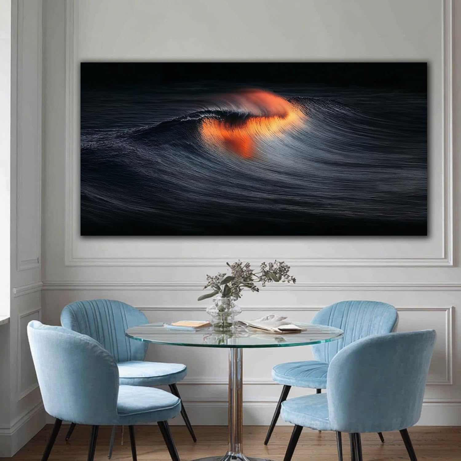 YETHEN WAL Abstract Wave Wall Art, Black Orange Ocean Canvas Prints, Modern Seascape Wall Decor for Living Room Bedroom Office 20x40 Inch
