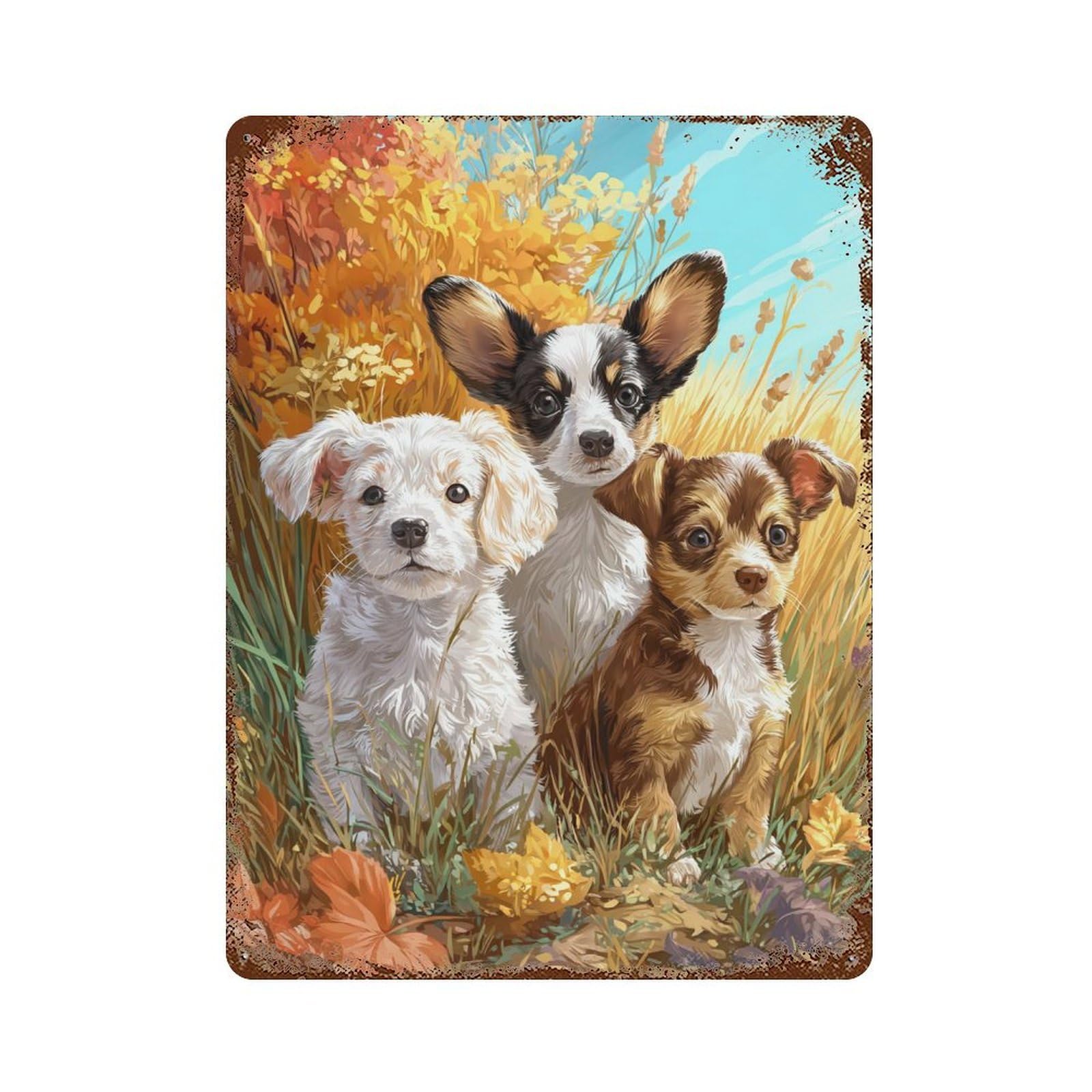 Rust Effect Autumn Puppies in Field-3 Vintage Rust Metal Sign 15.7"x11.8", Classic Wall Plaque for Shed, Workshop And Garage Wall Decor