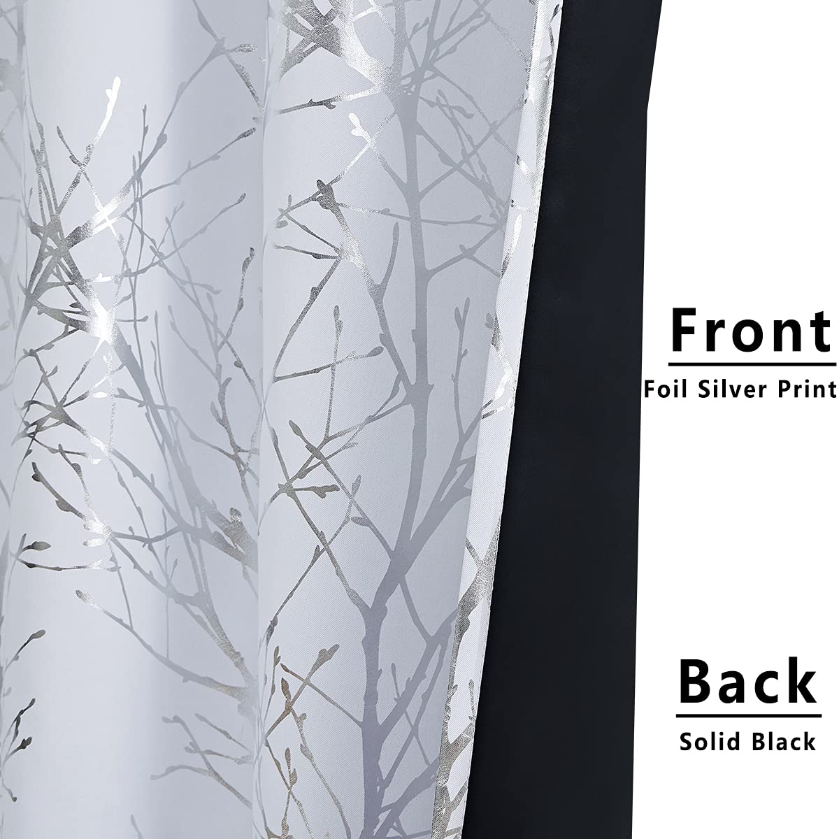 Fmfunctex Blackout Thermal Curtains for Bedroom 72 Inch Drop White Silver Eyelet Curtains for Living Room Branch Foil Print Room Darkening Energy Saving Window Curtain Drapes 2 Panels - Image 4