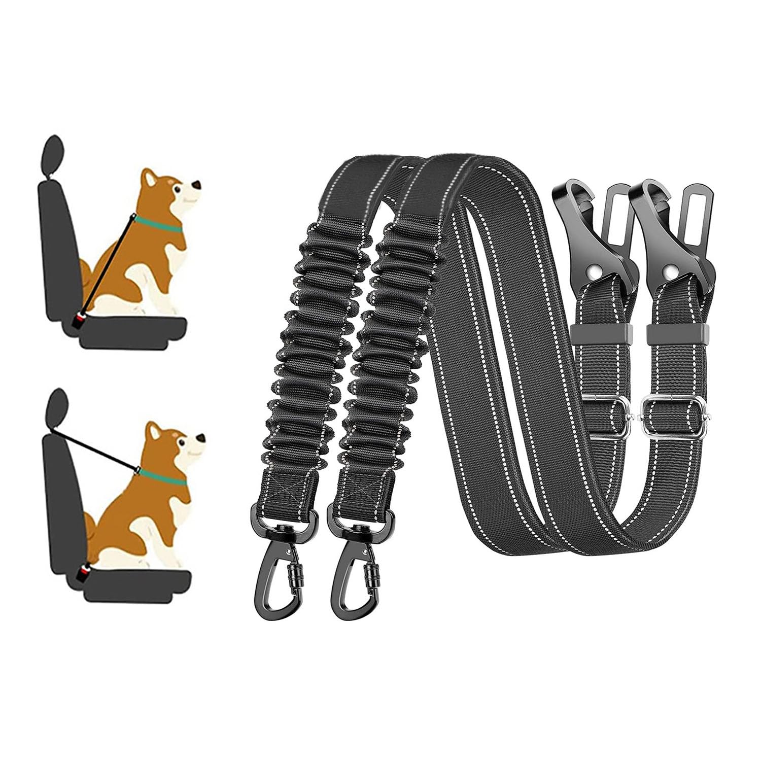 2 Pack Black Dog Seat Belt, Adjustable Dog Car Safety Belt with Reflective Bungee, Rotatable Carabiner, Suitable for Medium to Large Dogs Up to 150 lbs