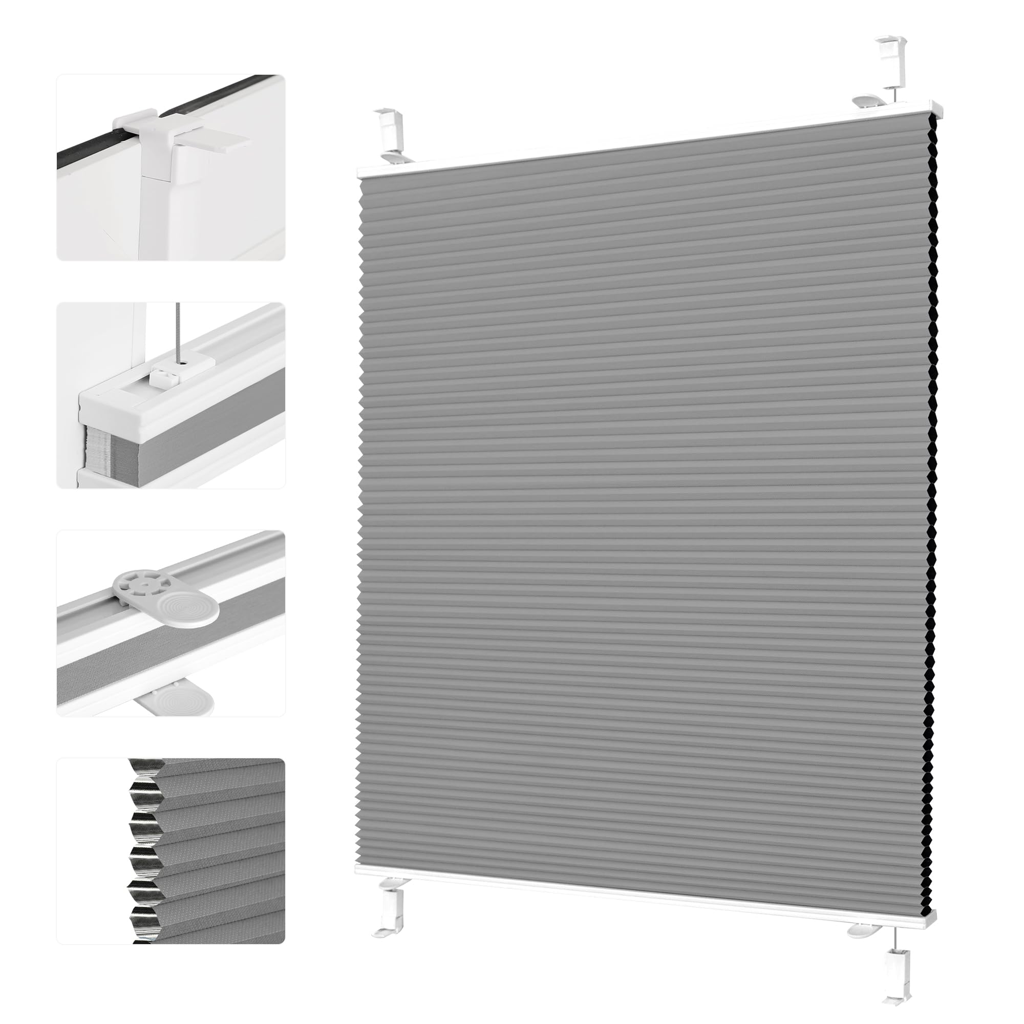 Grandekor Wabenplissee ohne Bohren Verdunkelung - 100% Lichtundurchlässig Thermo Plissee Klemmfix mit Alufolie, Geräuscharm & Stabil für Fenster & Tür, Sichtschutz Faltrollo Weiß-Dunkelgrau 85 x 220cm
