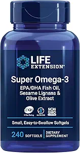 Life Extension Super Omega-3 Plus Epa/dha Fish Oil, Sesame Lignans & Olive Extract - Omega 3 Supplement - For Heart Health and Brain Support - Gluten Free, Non-GMO - 240 Easy-to-swallow Softgels