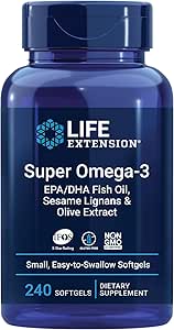 Life Extension Super Omega-3 Plus Epa/dha Fish Oil, Sesame Lignans & Olive Extract - Omega 3 Supplement - For Heart Health and Brain Support - Gluten Free, Non-GMO - 240 Easy-to-swallow Softgels
