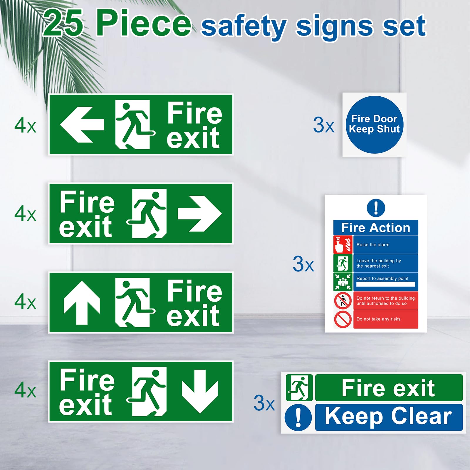 Samamoca 25 Pcs Premium Fire Exit Sign Kit (Right, Left, Up, Down Arrow),Fire Safety Sticker,Fire Signage,Fire Action Notice Sign, Keep Clear, Door Keep Shut - Image 2