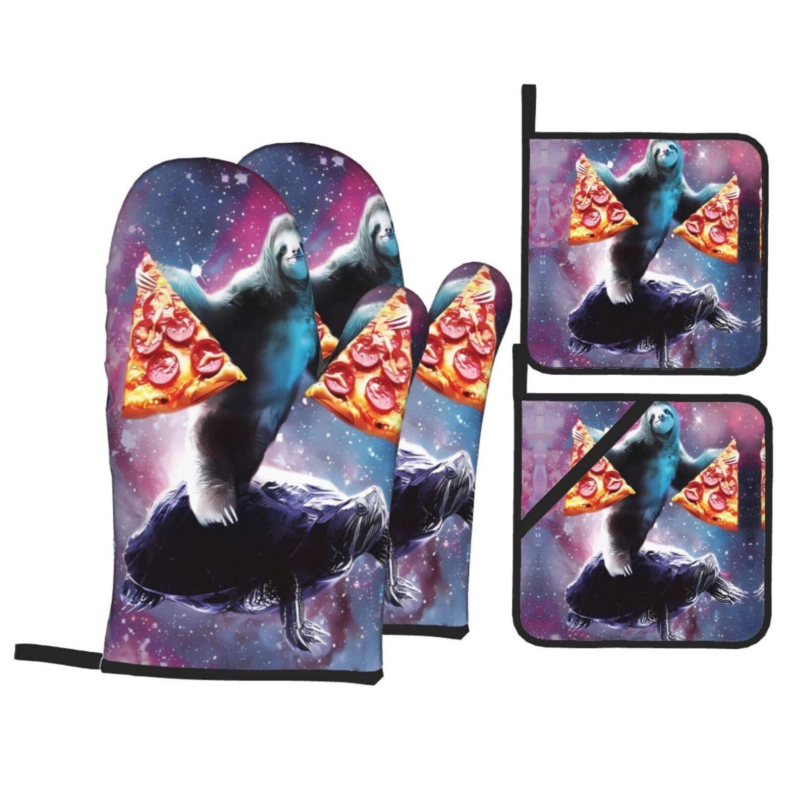 YYHHAOFA pizza sloth Prints Kitchen Baking Set with Heat Resistant Pot Holders & Oven Mitts - Waterproof Layers for Cooking, Grilling & Serving, Includes Pocket Layer