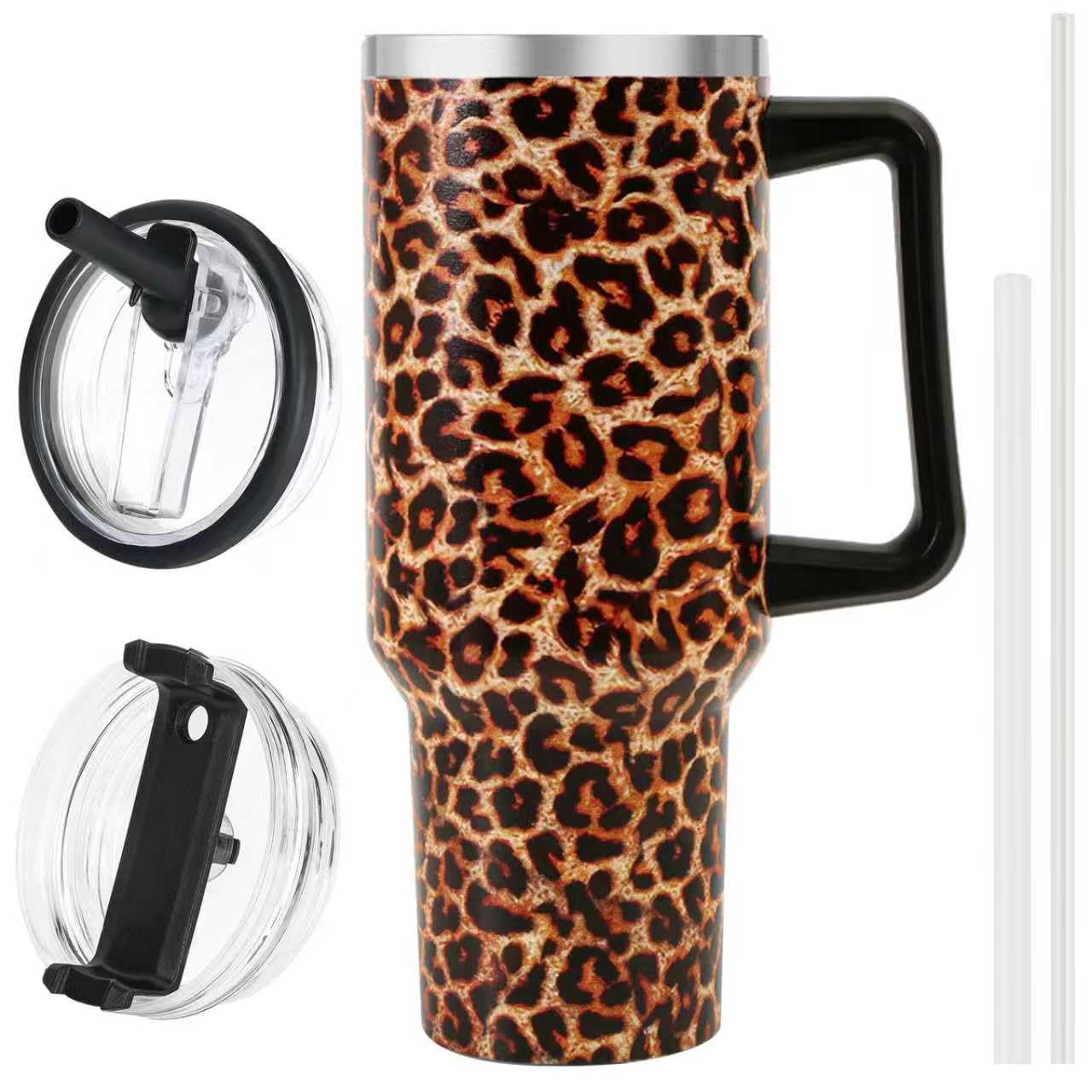 40 oz Tumbler with Handle and Flip Straw Lid, Vacuum Insulated Leak Proof Double Walled Stainless Steel Travel Mug Tumblers, Maintains Cold Ice and Heat for Hours(Leopard Brown Tumbler)
