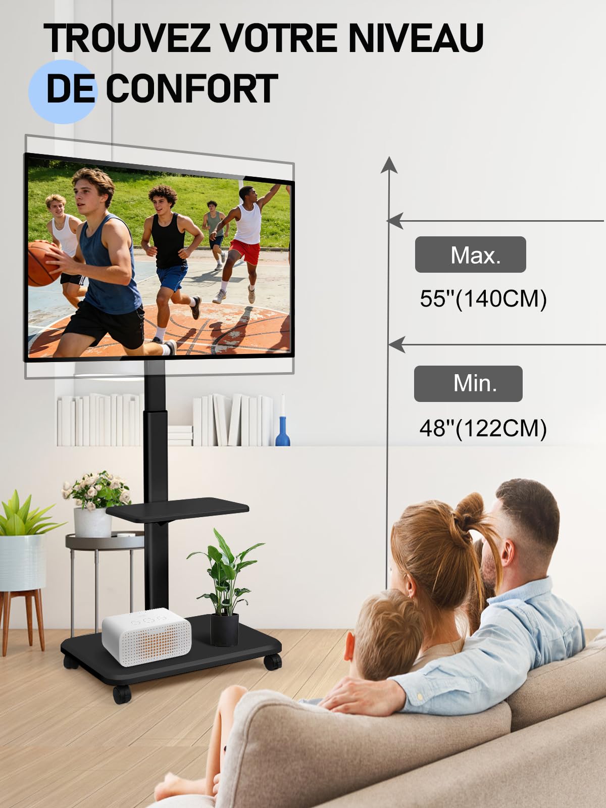 Support TV roulant, chariot TV mobile pour écrans plats/incurvés LED/LCD/OLED de 32 à 70 pouces - Support TV portable réglable en hauteur sur roulettes jusqu'à 45 kg au sol, chariot TV pour chambre à