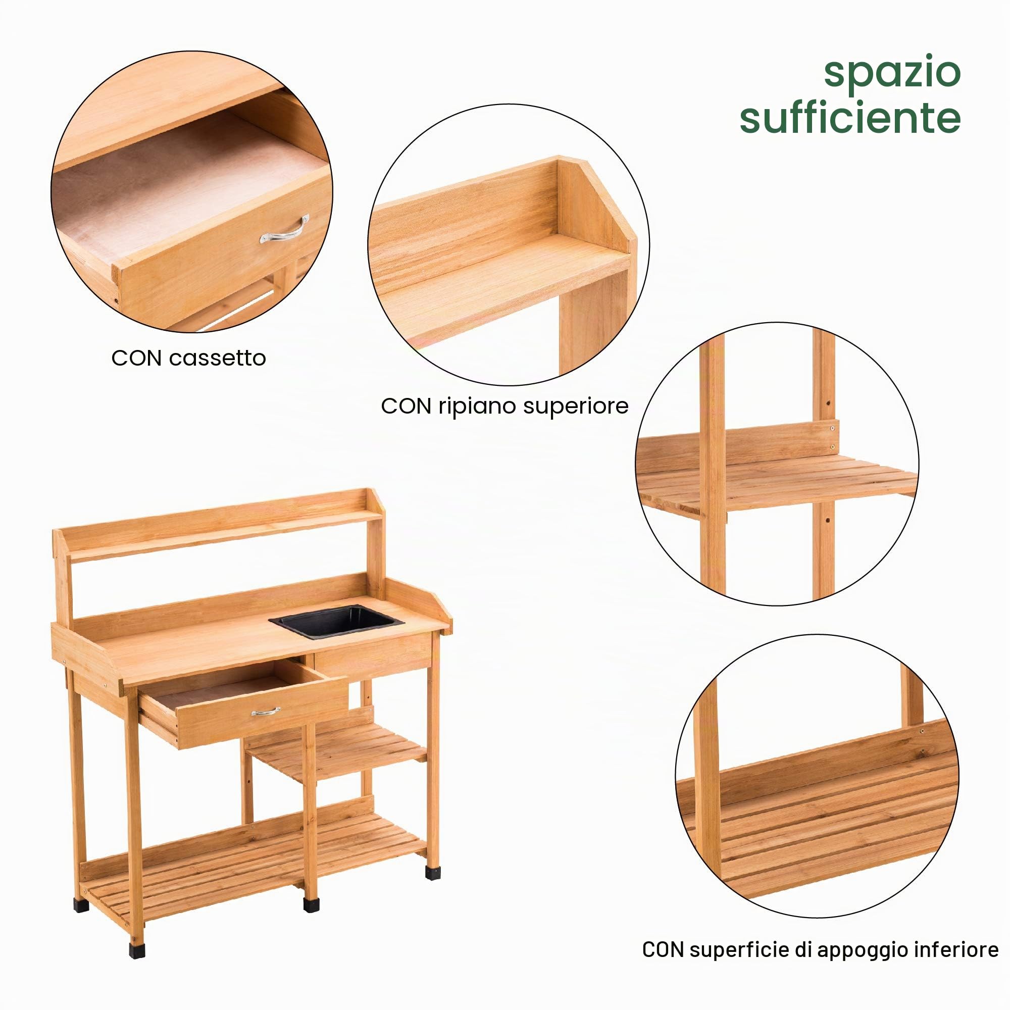MCombo 0458 - Tavolo da giardino con lavabo e ripiano in legno, resistente alle intemperie, 115 x 45 x 121 cm, (Naturale, 115 cm (L) x 45 cm (B) x 121 cm (H))
