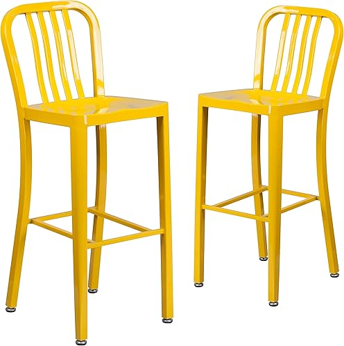 Miniatura 23 de Flash Furniture Gael Taburetes de bar comerciales de metal de 30 pulgadas con reposapiés, taburetes verticales de barra trasera de listones