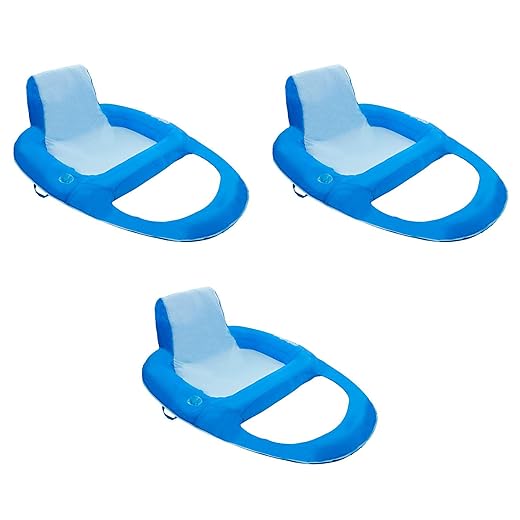 SwimWays 6060121 Spring Float Recliner Extra Large Summertime Relaxation Comfortable Lounge Seat with Cup Holder, Blue (3 Pack)