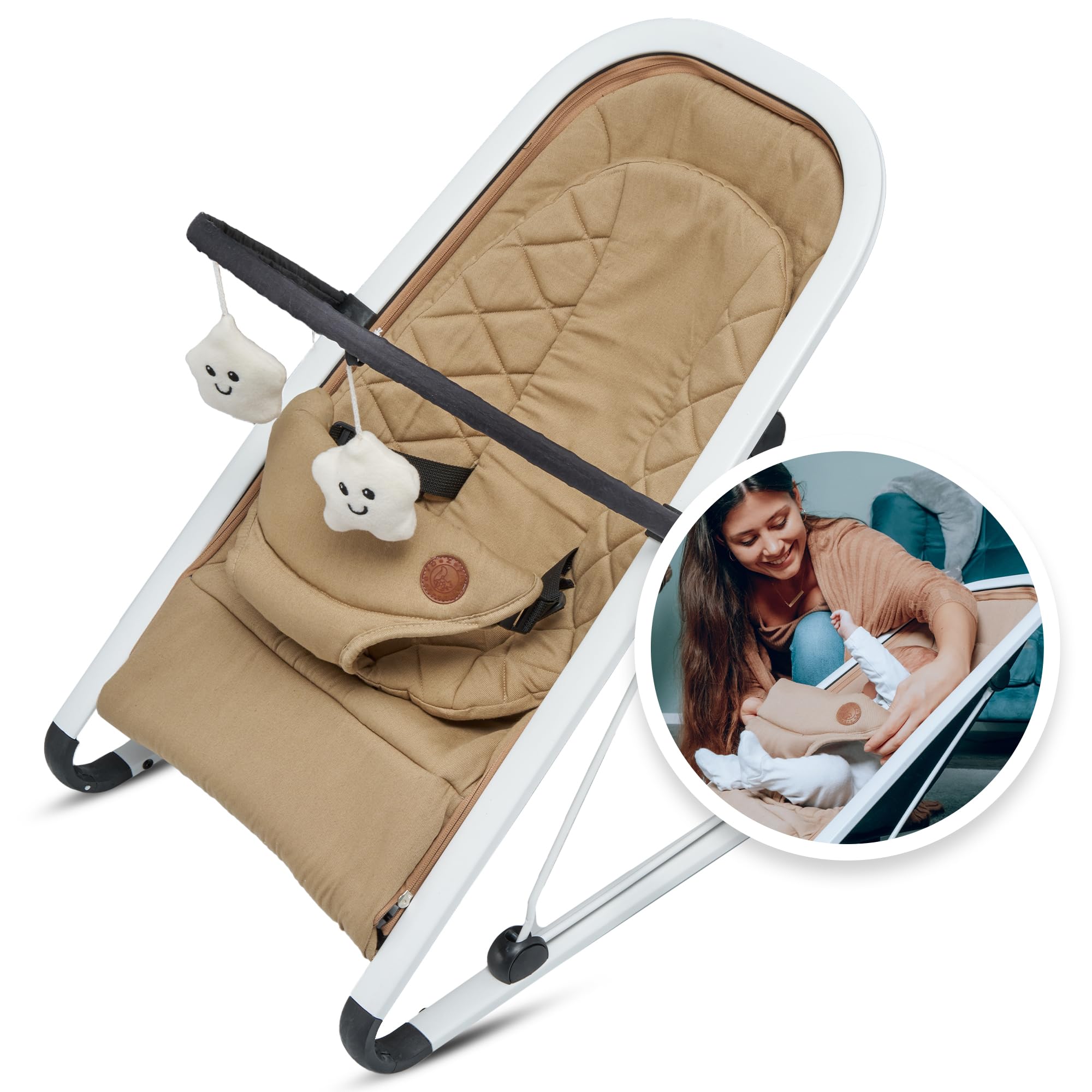 DeZeyno Babywippe für Neugeborene – Spielebogen höhenverstellbar bis 24monate, sanfte Wippfunktion, ergonomisch & weich gepolstert – Beige