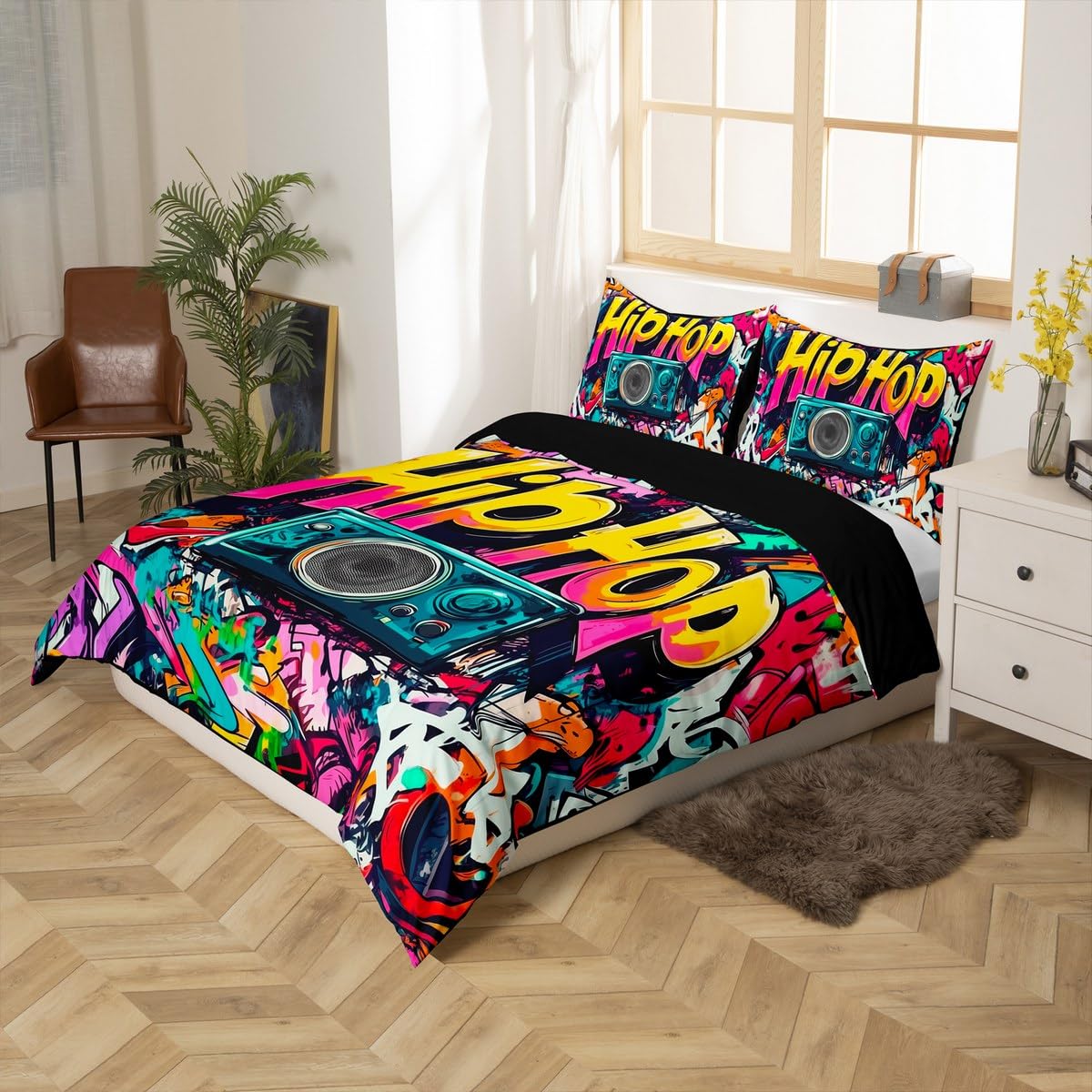 Set di biancheria da letto con copripiumino super king, motivo graffiti, per ragazzi e ragazze adolescenti, set di biancheria da letto a tema musica rock hippie, set di copripiumini hip hop colorato