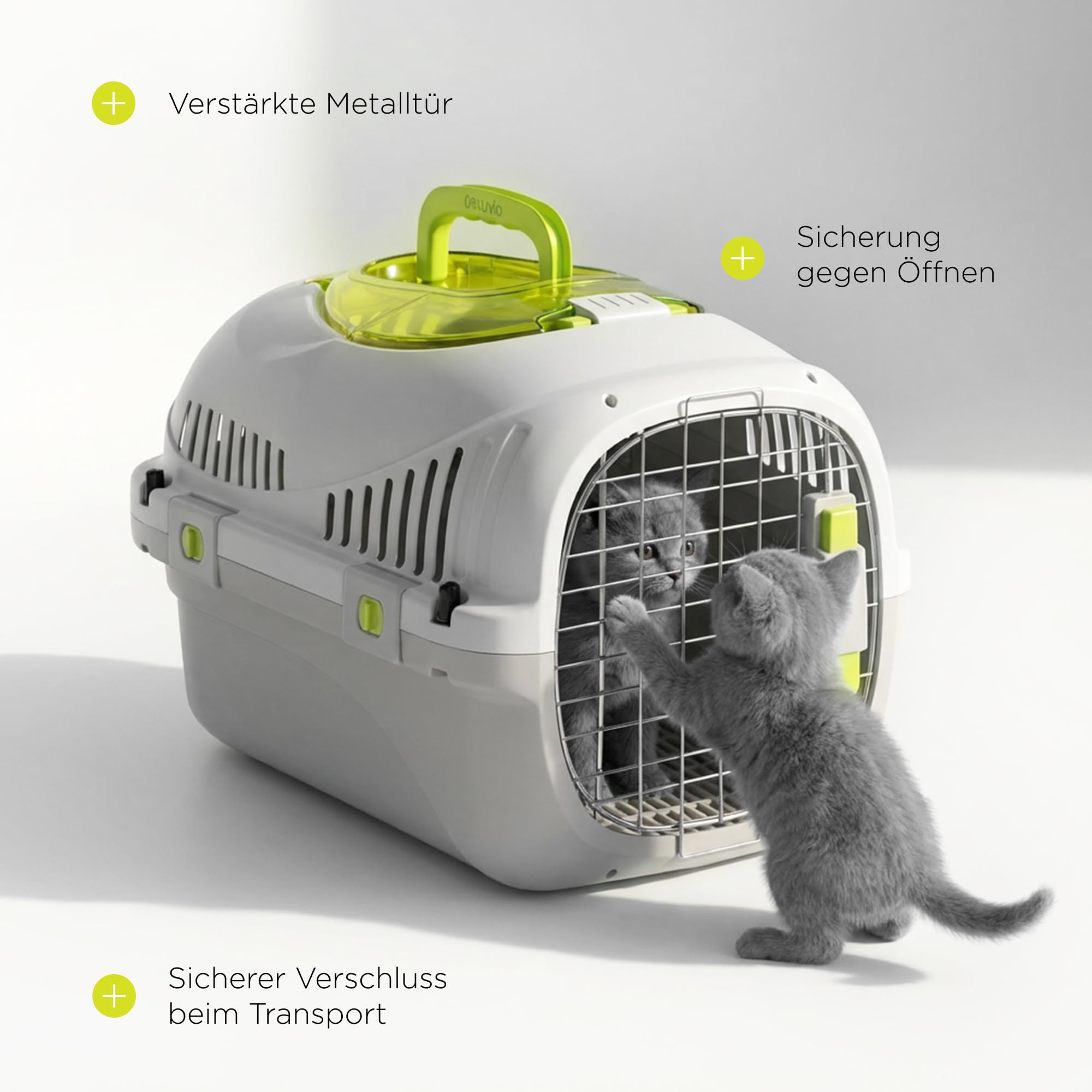 Peluvio Safy Katzentransportbox Hartschale mit Metalltür, Doppelsicherung und Belüftung, Sichtklappe Oben, Versenkbarer Tragegriff, Bodenrost Herausnehmbar für Hygieneeinlage, Napf, für Auto, bis 5 kg