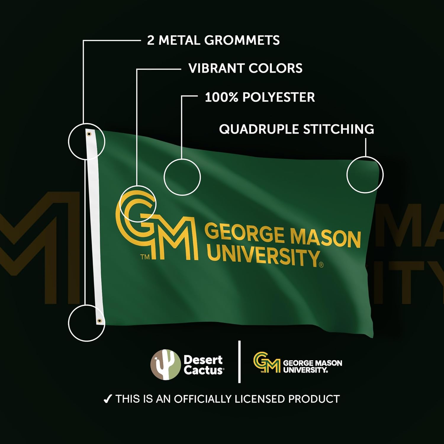 Desert Cactus George Mason University GMU Flag - 3 x 5 Feet Patriots Banner, Indoor/Outdoor Durable Fabric, 100% Polyester Design (Green) - Image 4
