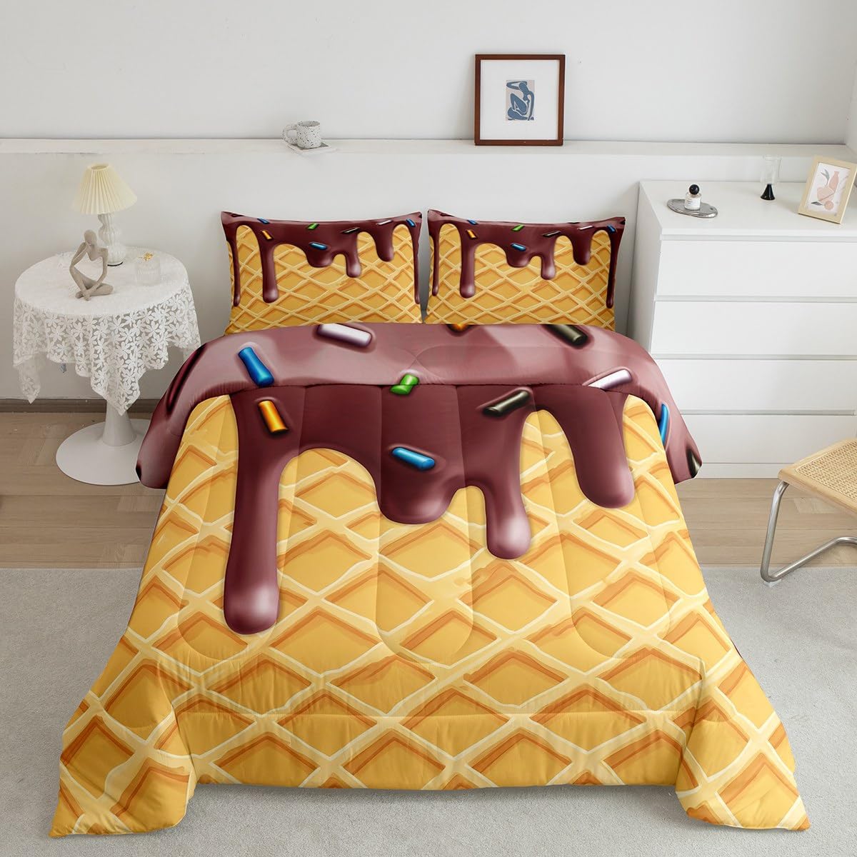 Ice Cream Cone Bedding Comforter Sets Full,Colorful Desserts Chocolate Cream Bedding Set for Bedroom Decoration,Watercolor Cute Dessert Decor with 1 Comforter and 2 Pillow Cases Bedroom Decor