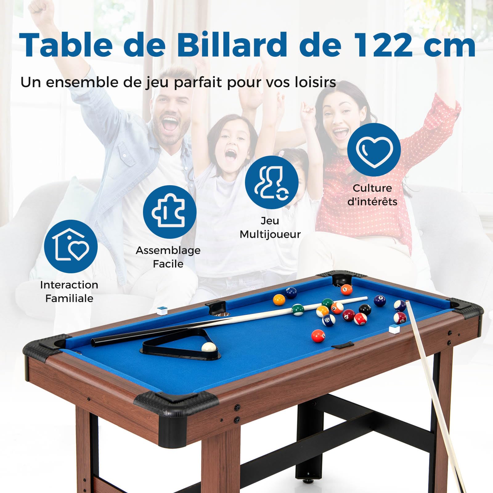 GOPLUS Table Billard Americain 122 CM, Table Billard Adultes Enfants avec 16 Boules, 2 Queues de Bollard, 2 Craies, Triangle, Brosse,Jeu de Billard pour Jeux en Famille, Salle de Sport