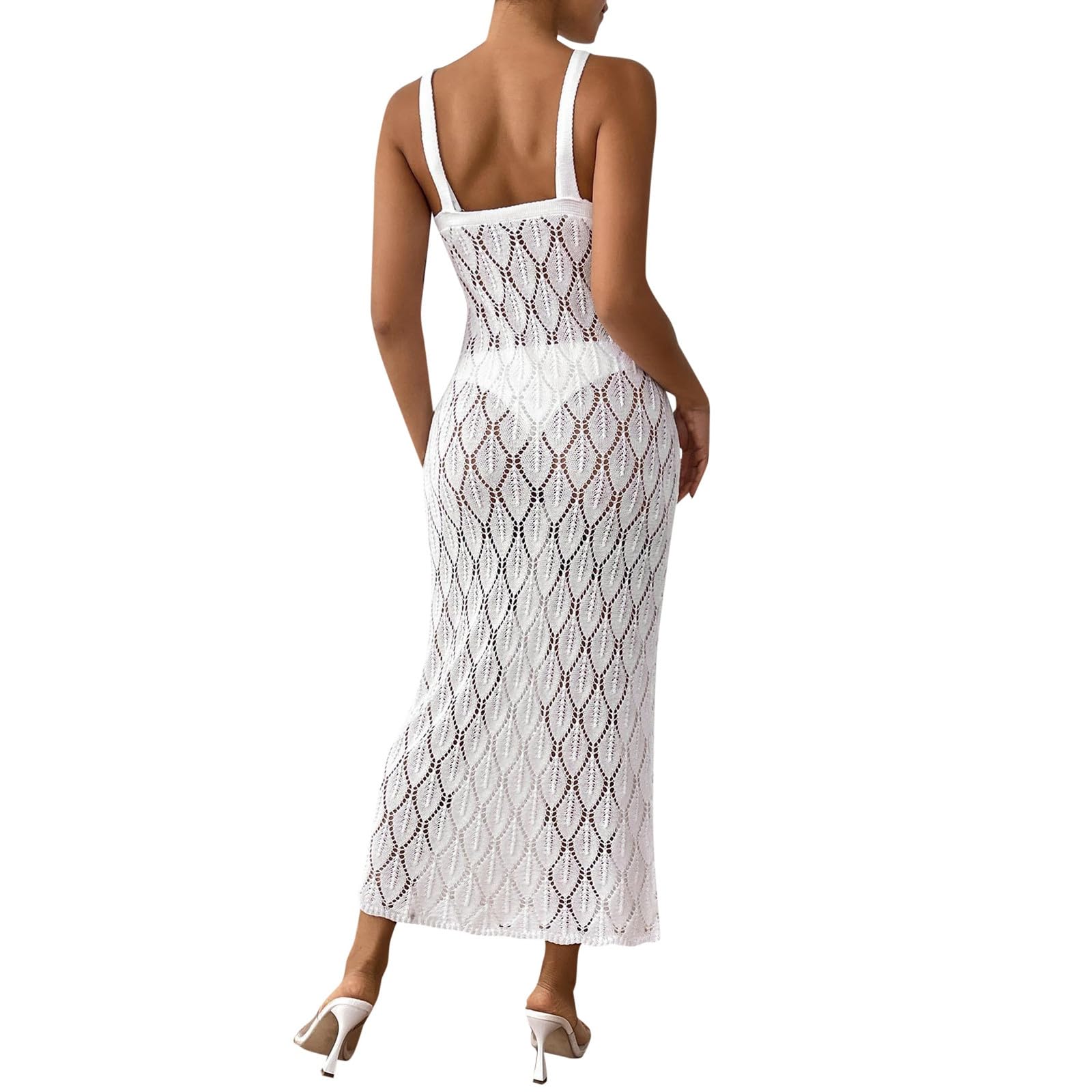 Copricostume Donna da Spiaggia Sexy con Motivo a Foglie in Pizzo e Spalline Regolabili Vestito Lungo
