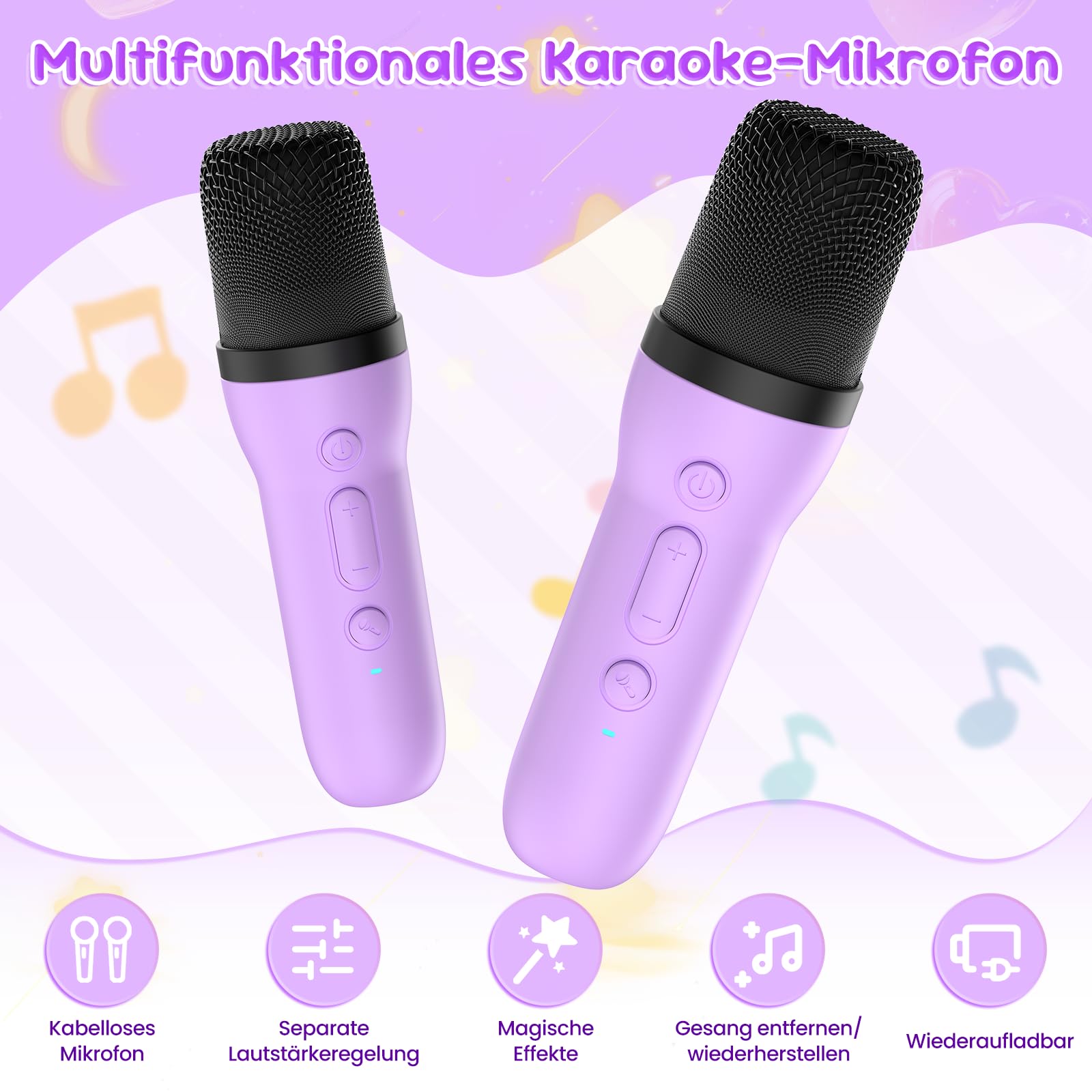 Fippesax Kinder Karaoke Maschine mit 2 kabellosen Bluetooth Mikrofonen, Kompaktes Einhorn Musikspielzeug mit Stimmeffekten & LED Lichtern, Geschenk für Mädchen ab 6 Jahren (Lila)