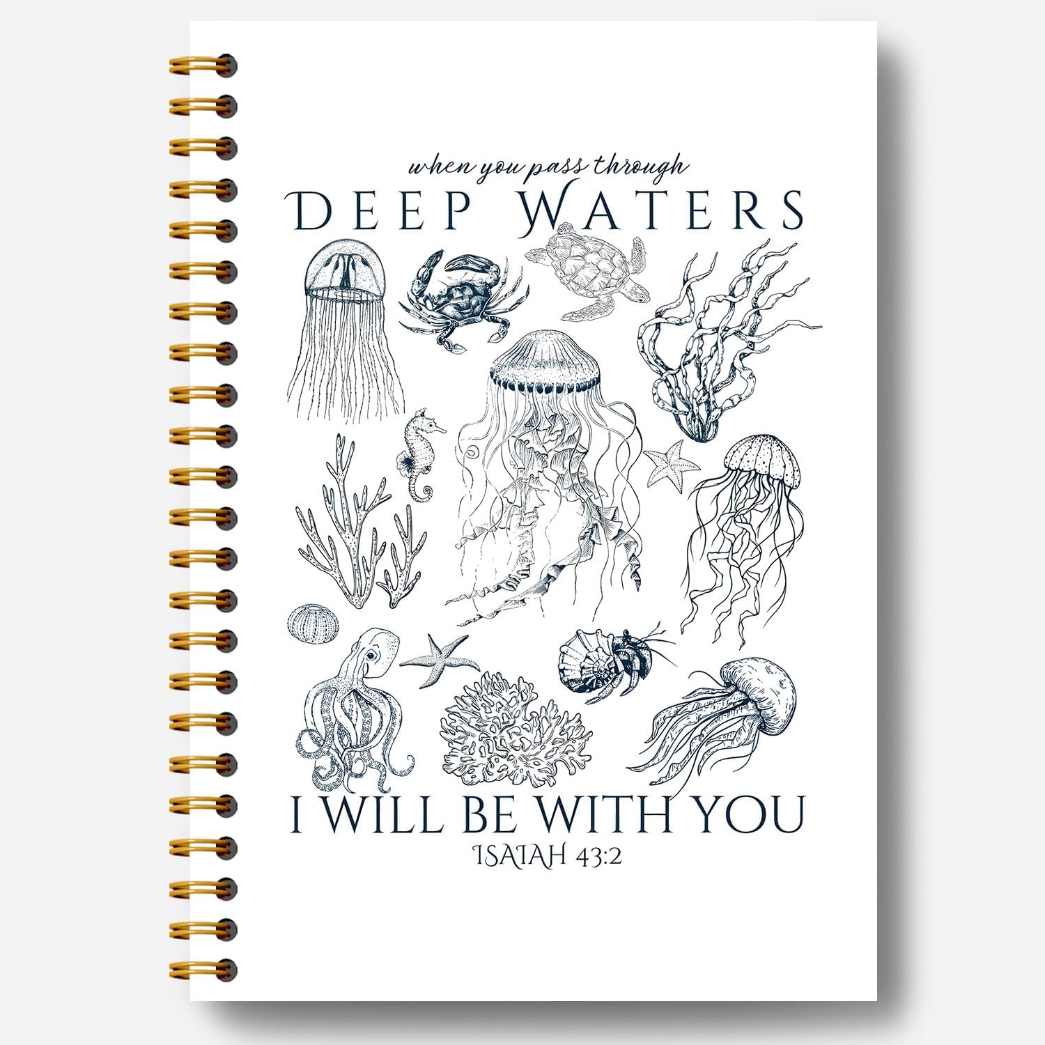 Guymn Ocean Christian Notebook Journal, Isaiah 43:2 Bible Scripture Journal, Christian Gifts for Women Men, Marine Biology Beach Religious Hardcover Spiral Notebook 5.5x8.3 Inch