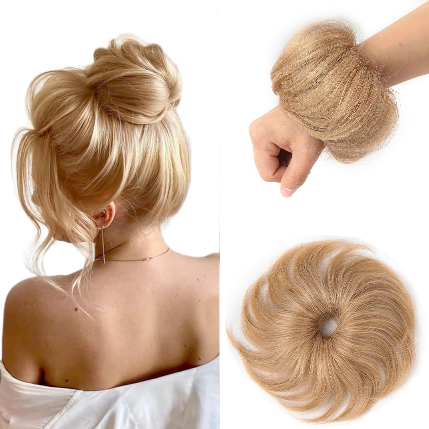 Haarteil aus Echthaar, Dutt, hellgoldbraun, zerzaust, dehnbar, flauschig, Donut-Hochsteckfrisur, elastisches Gummiband, unordentliche Dutt-Haarteile für Damen (1 Stück, Nr. 12, Hellgoldbraun)