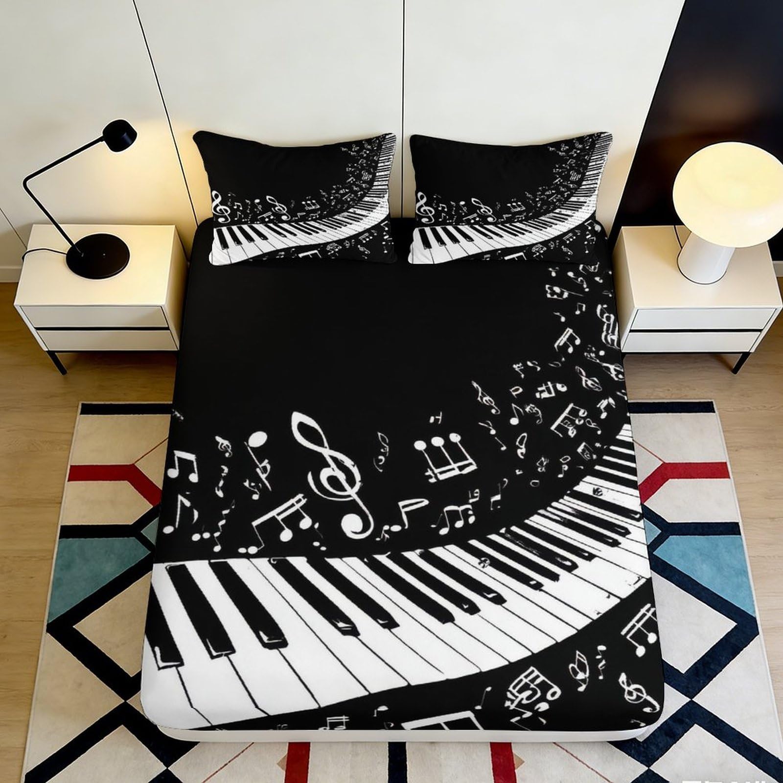 3D Printed Piano Keys Fitted Sheet Microfiber Black White Music Notes Mattress Cover Bedroom Dorm Protection Decor 200x200x25cm