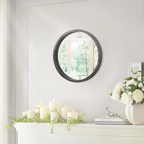 Miniatura 7 de Espejo circular de pared redondo para baño, espejo de tocador marrón oscuro, pequeño círculo decorativo para pared, marco de madera, espejo de