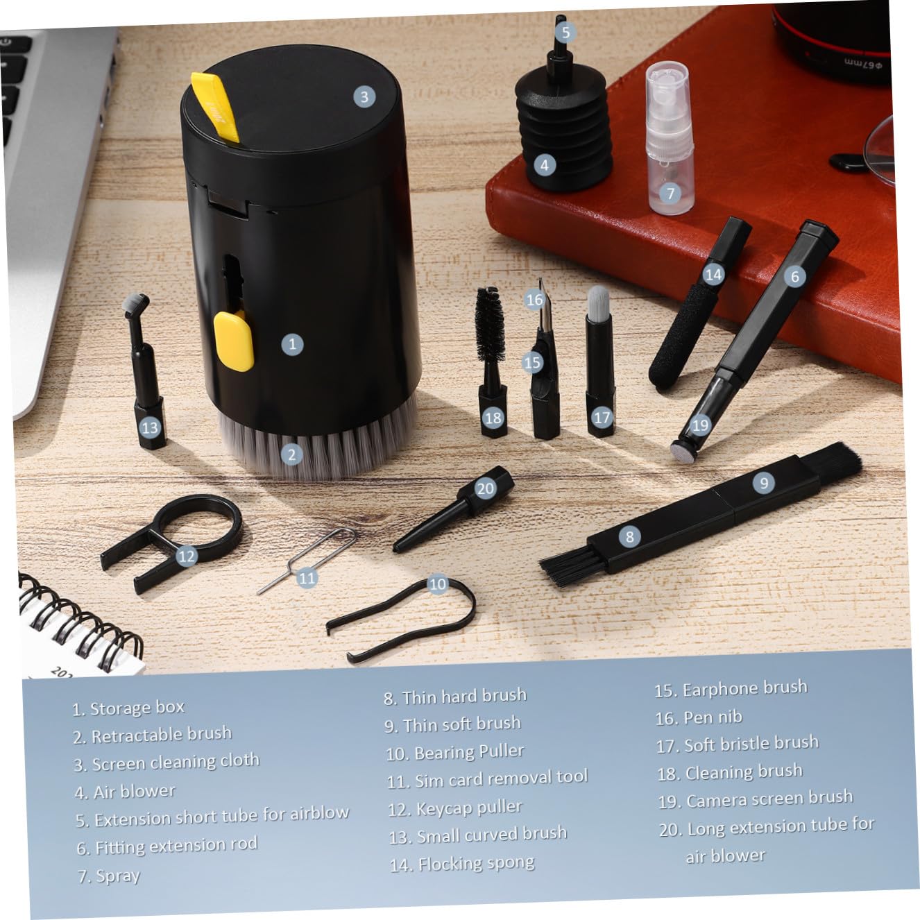 Happyyami Kit De Limpieza para Portátiles Limpiador De Teclado y Auriculares Herramienta De Limpieza De Lentes De Cámara para Dispositivos Electrónicos Negro