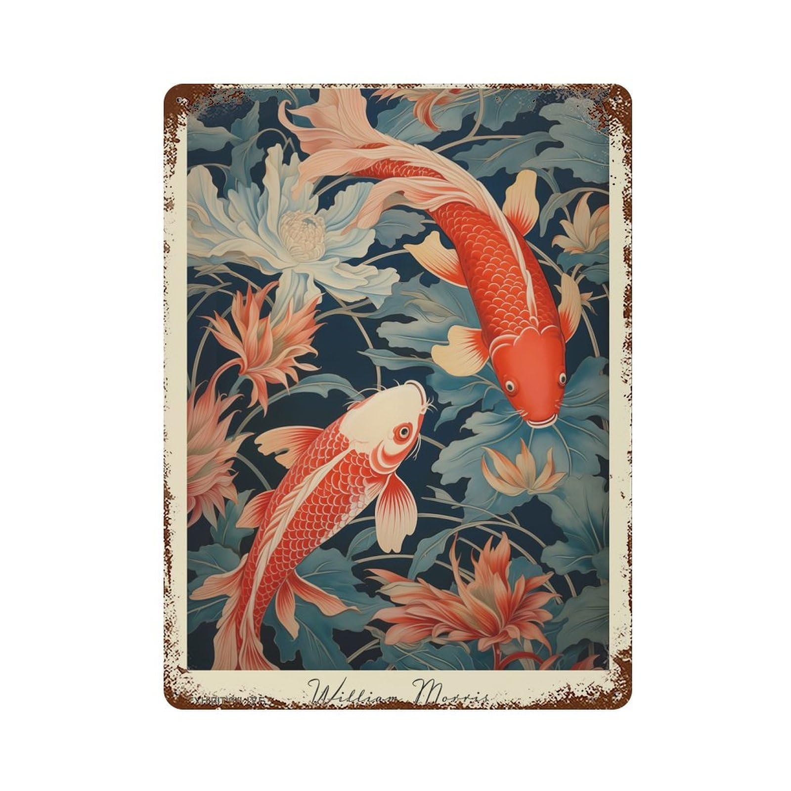 William Morris Koi Fish Weathered Tin Sign 15.7"x11.8", Ideal for Basement, Hobby Room And Garage Decor