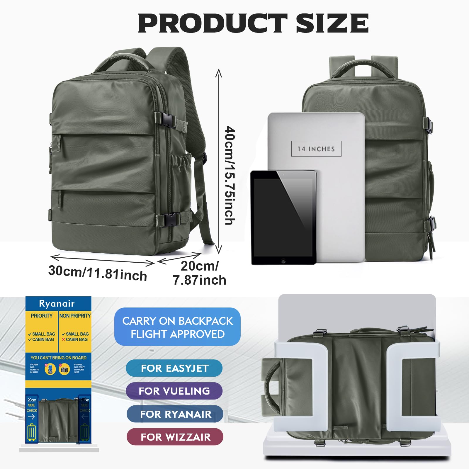 BJLFS Borse da Cabina per Ryanair 40x30x20 Zaino Wizzair Sottovuoto da viaggio 40x20x25 Bagaglio a Mano con compressione sottovuoto,Zaino Easyjet 45x36x20,Zaini Casual per laptop da 14 pollici