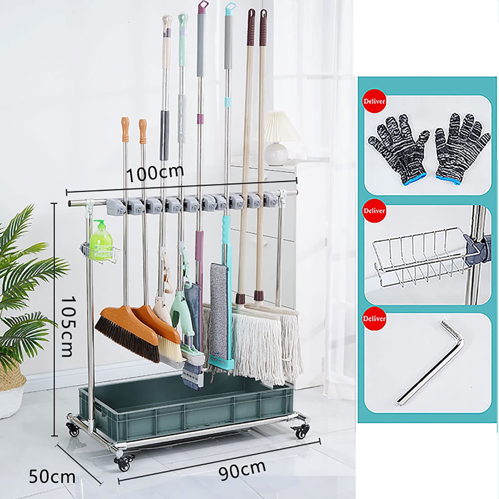 Mop Rack Z Tacą Odpływu, Ruchomy Wózek Na Miotłę Do Czyszczenia Narzędzi, Organizer Ze Stali Nierdzewnej O Dużej Wytrzymałości Z Hamulcami, Odporna Na Warunki Animatora Półki Do Przechowywania Do Gara