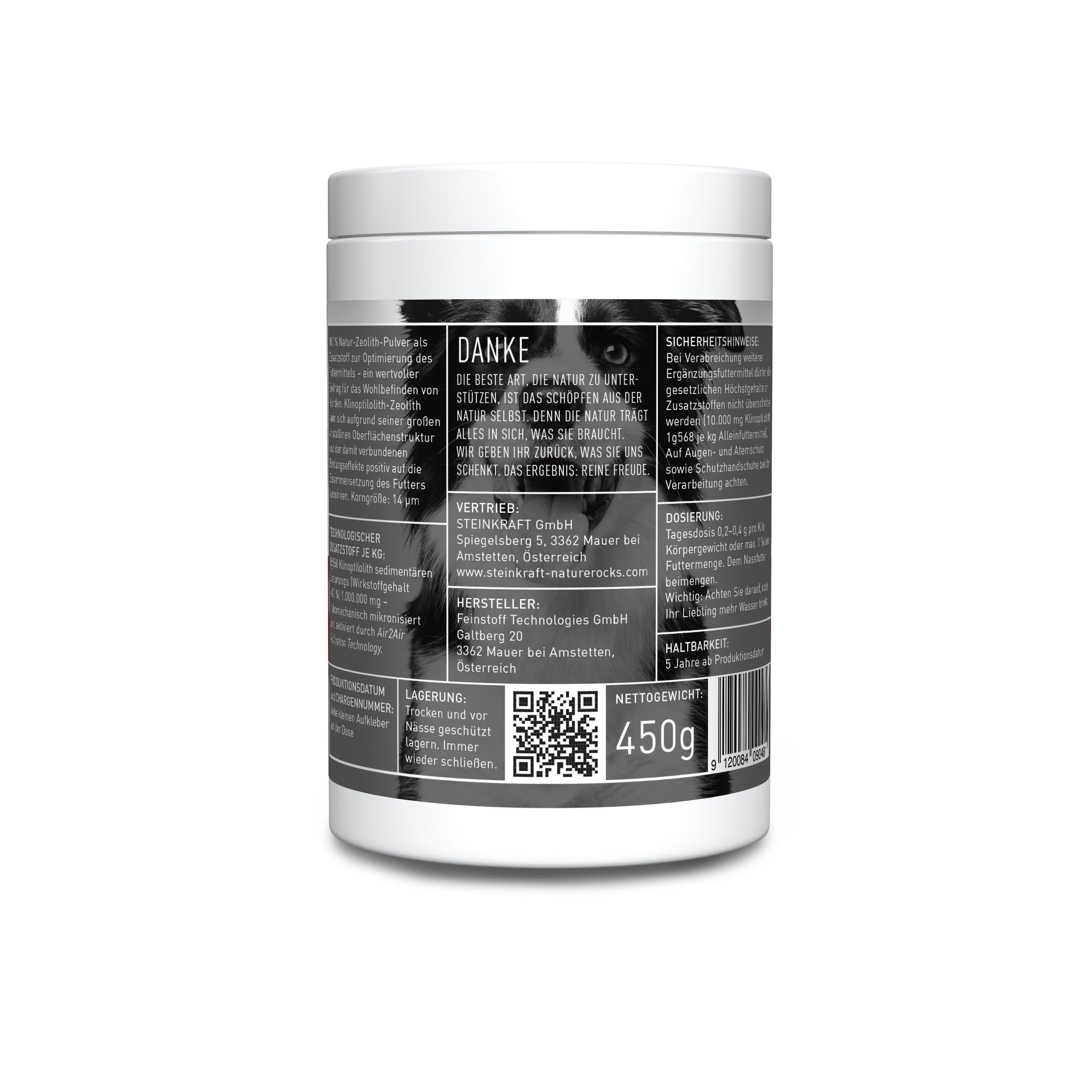 Zéolith Poudre pour chien 450 g, 14 μm, haute teneur en clinoptilolite, qualité supérieure, sans additifs