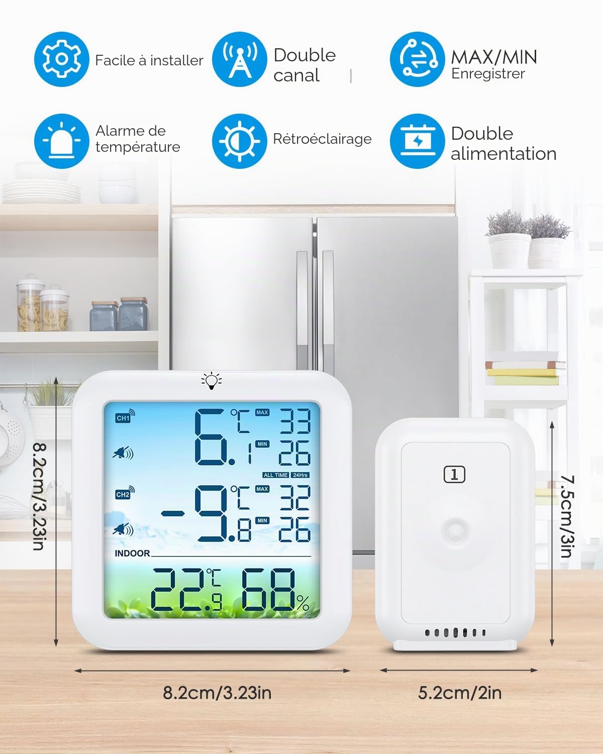 Brifit Thermometre Frigo, Thermomètre Congélateur avec 2 Capteurs, Thermometre Réfrigérateur à Écran Couleur avec Alarme, Commutateur ℃/℉, MIN/MAX, Rétroéclairage Blanc pour Cuisine, Restaurants