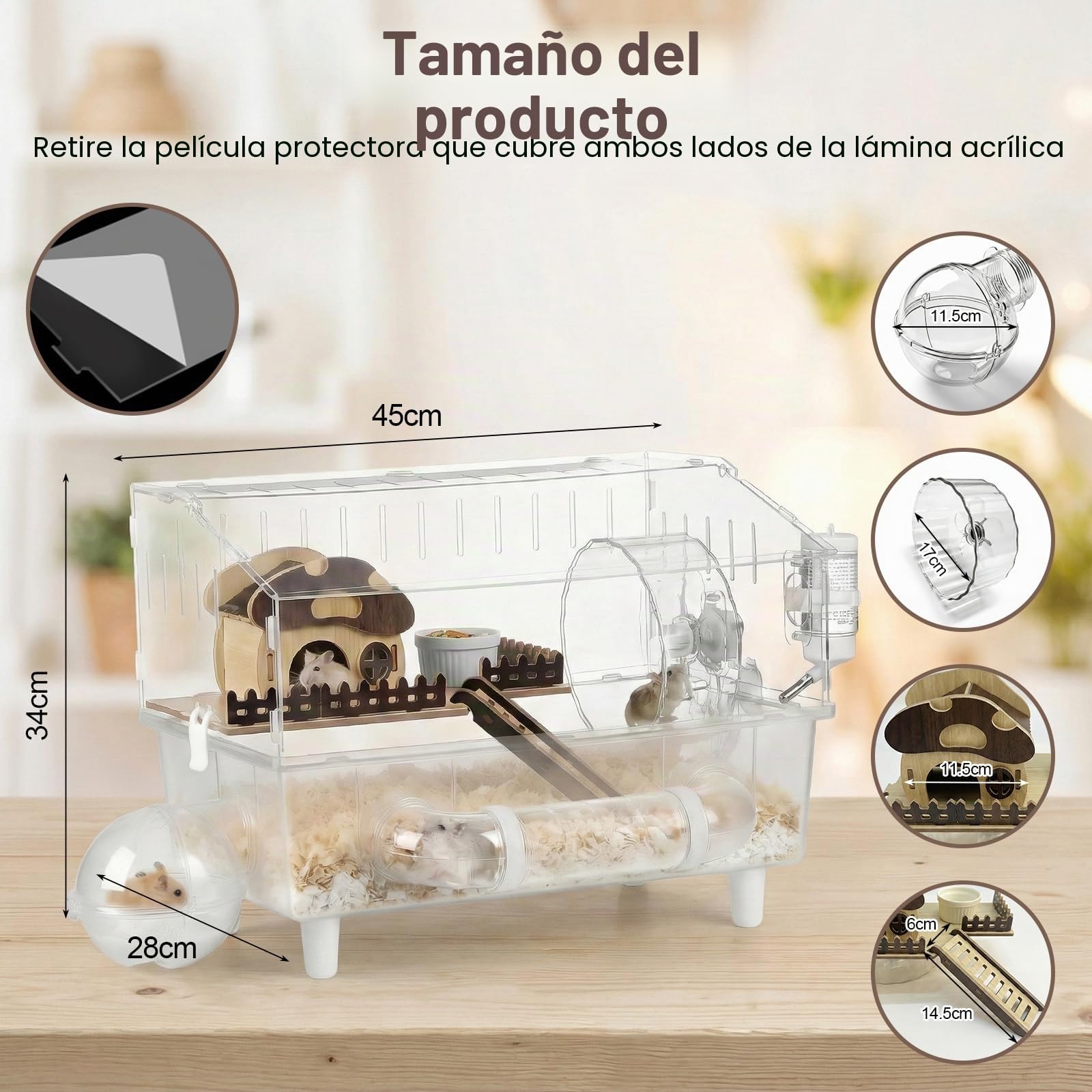 Gran jaula de acrílico para hámster con tapa abatible, 45 x 28 x 34 cm, completamente transparente, con decoraciones de casa de setas, apta para 5 a 8 hámsters