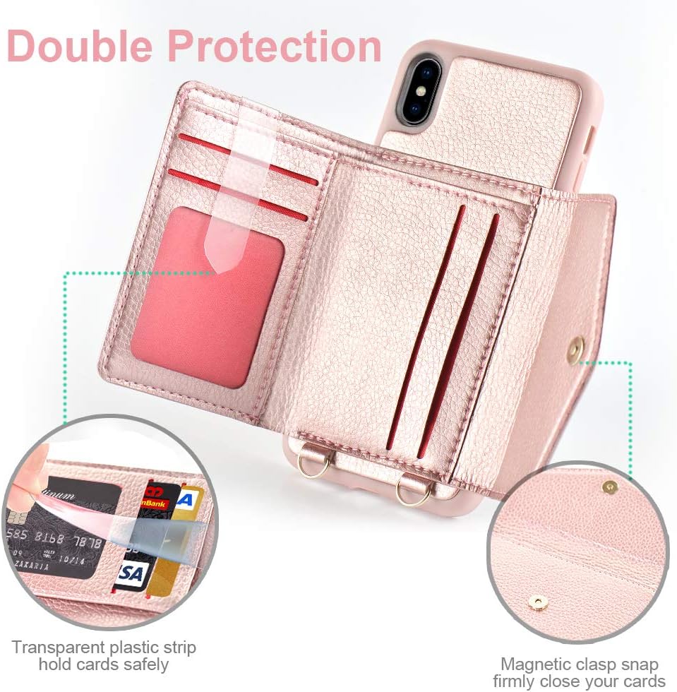 Review LAMEEKU Wallet Case for iPhone Xs Max,Protective Leather Cases with Card Holder Slot Pocket, Shockproof Cover with Crossbody Chain Wrist Strap for Apple iPhone Xs Max 6.5(2018)-Rose Gold