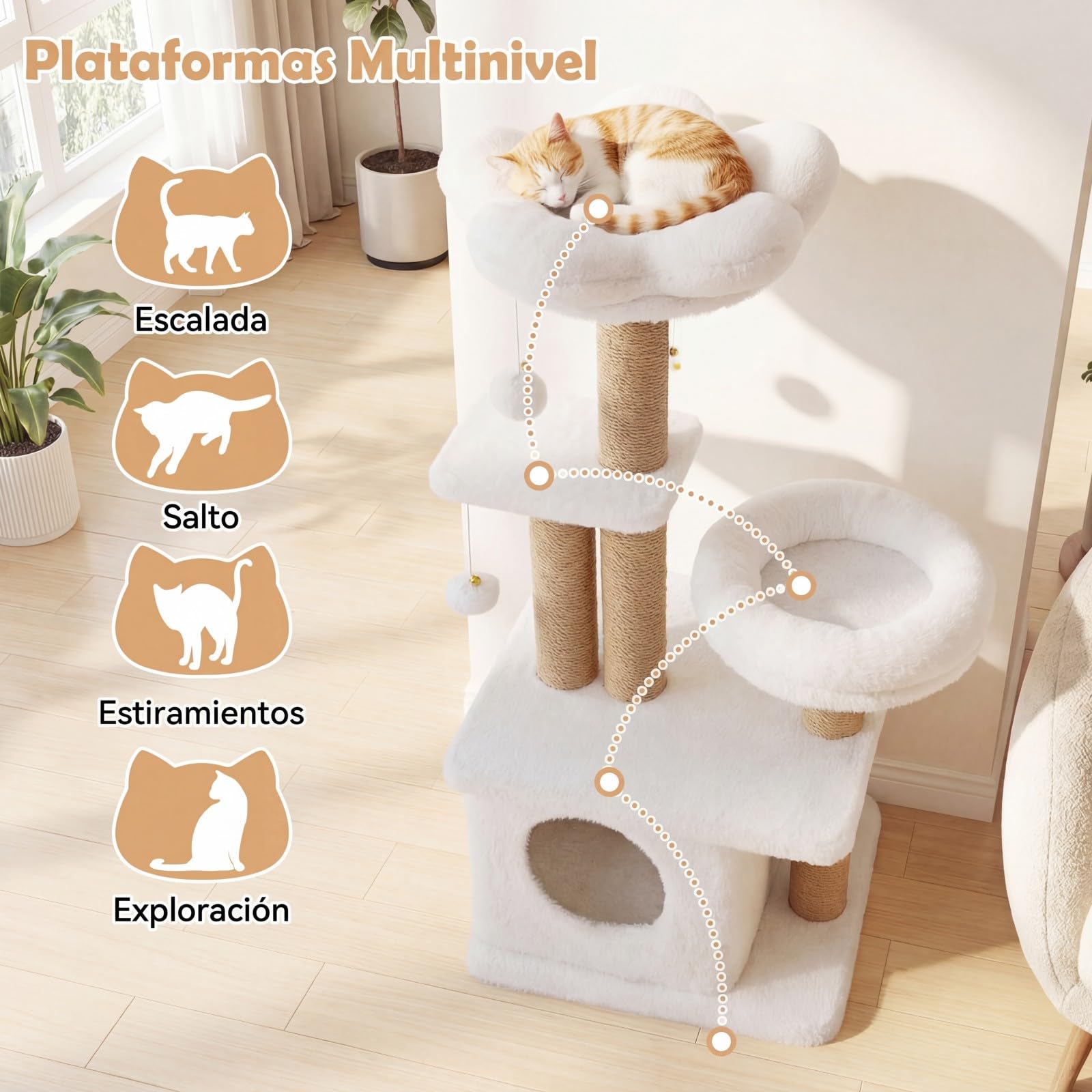 COSTWAY Árbol Rascador para Gatos, Torre para Gatos con Percha Superior Acolchonada en Forma de Flor, Condominio y Cama, 2 Bolas Colgantes con Cascabel y Postes, Mueble Multinivel para Escalar (Beige)