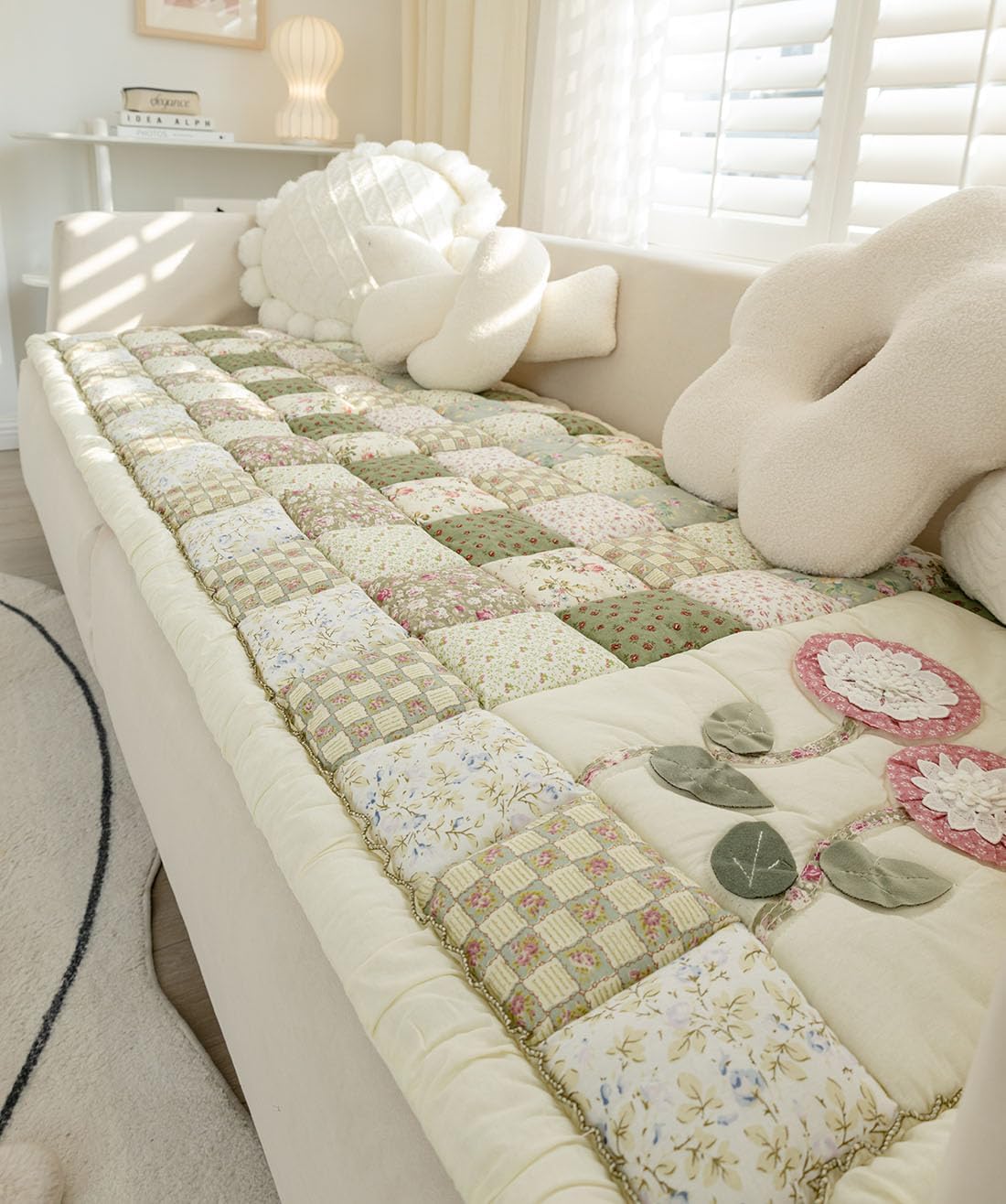 Patchwork Cotton Quilted Couch Cover Applique Flower Non-Slip Sectional Couch Covers Soft Washable Sofa Slipcover Furniture Cover for Dogs Cats Pet Area Rugs Mat (Green,28"x71")