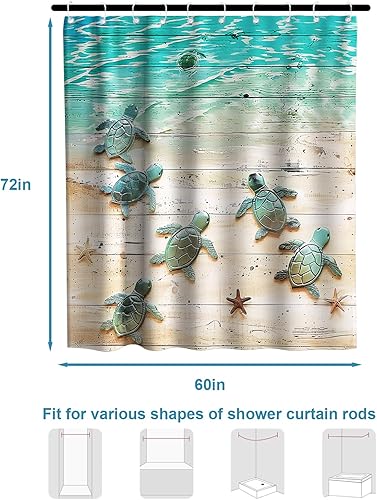 Vista 289 de Cortina de ducha de tortugas marinas, temática náutica de playa, verde y verde azulado, sin ganchos, punto gofre y forro desmontable, decoración