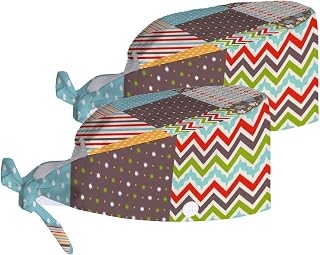 Working Cap with Sweatband Button Tie Back Hats Plaid Polka Dots Striped Patchwork Vintage Geometric Retro Classic Work Hat Skull Cap for Women Men 2 pack
