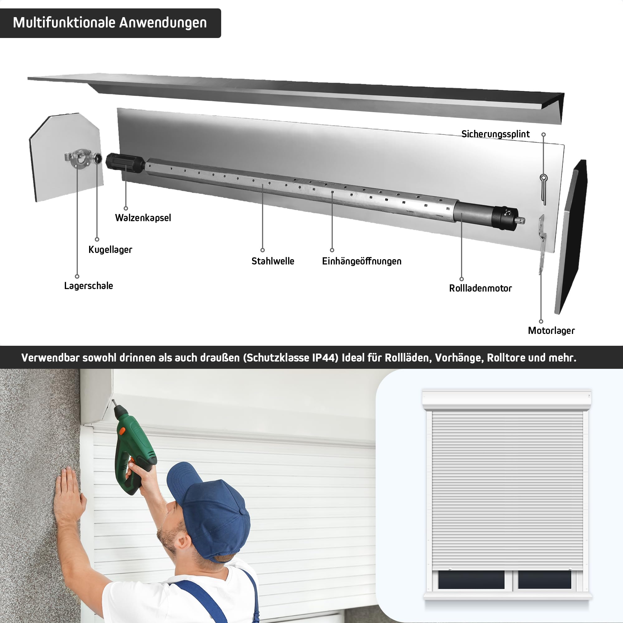 Jalousiescout Elektronischer Funk-Rollladenmotor MK 20/17 Zugkraft 20 Nm 42 kg SW60 mit Thermoschutz Plus 4-Kanal Handsender Timer MKT 04 mit integrierter Zeitschaltuhr, inkl. Wandhalterung