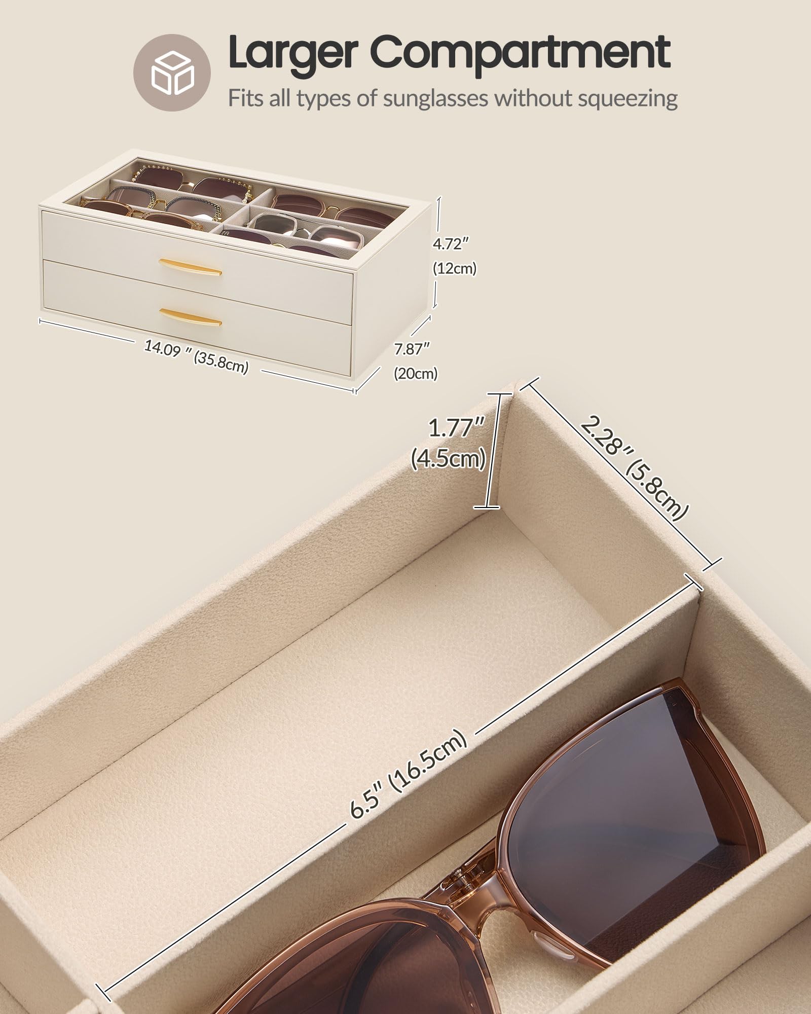 Lolalet Organizador Gafas de Sol para Mujer, Estuche de PU con Tapa Transparente y 2 Niveles, Capacidad para 12 Gafas -Cream