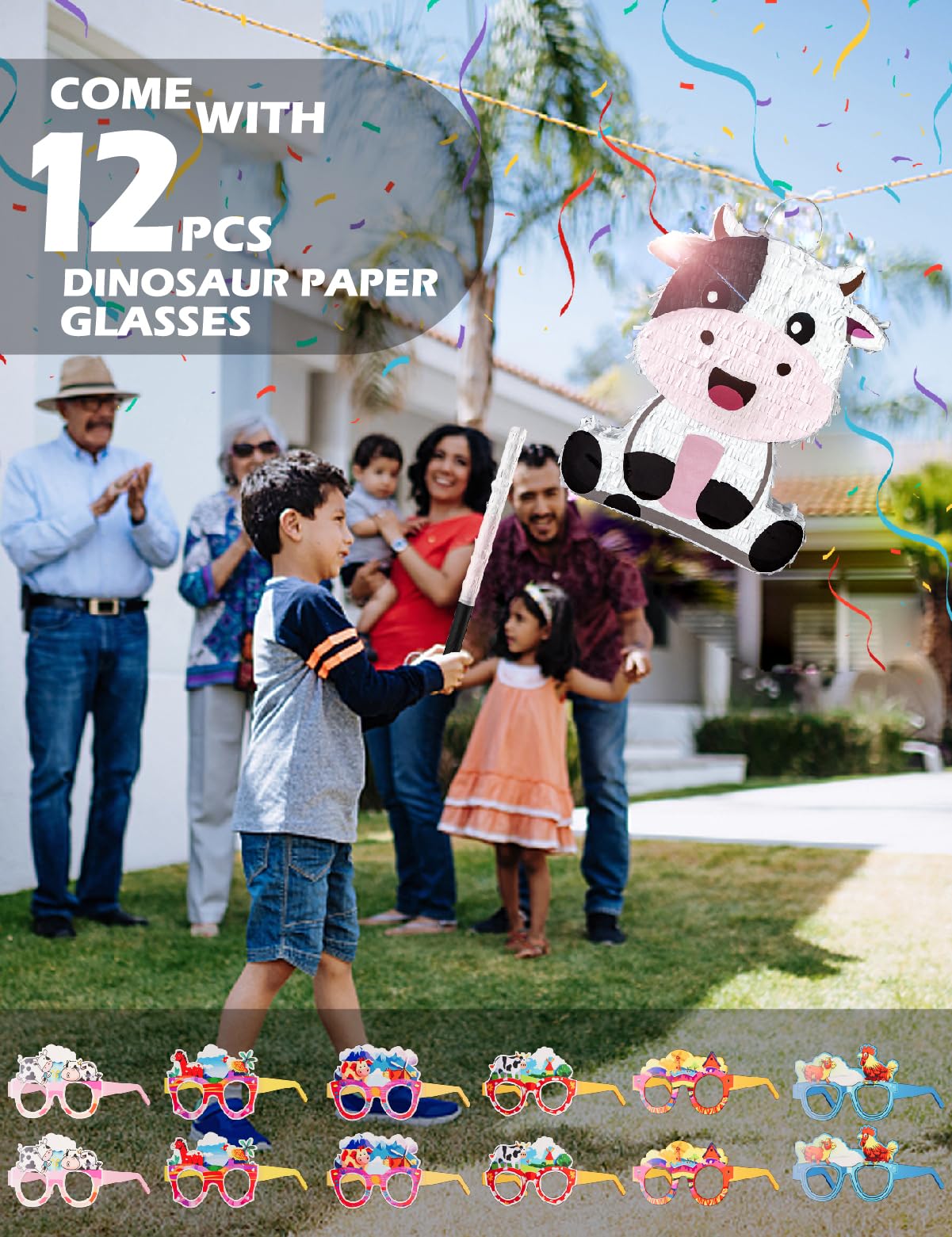 Bonita piñata de vaca para cumpleaños de niñas y niños, piñata de vaca rosa que incluye venda, palo y confeti, decoración perfecta para fiestas temáticas de animales de granja (16 x 13 x 3.5 pulgadas)
