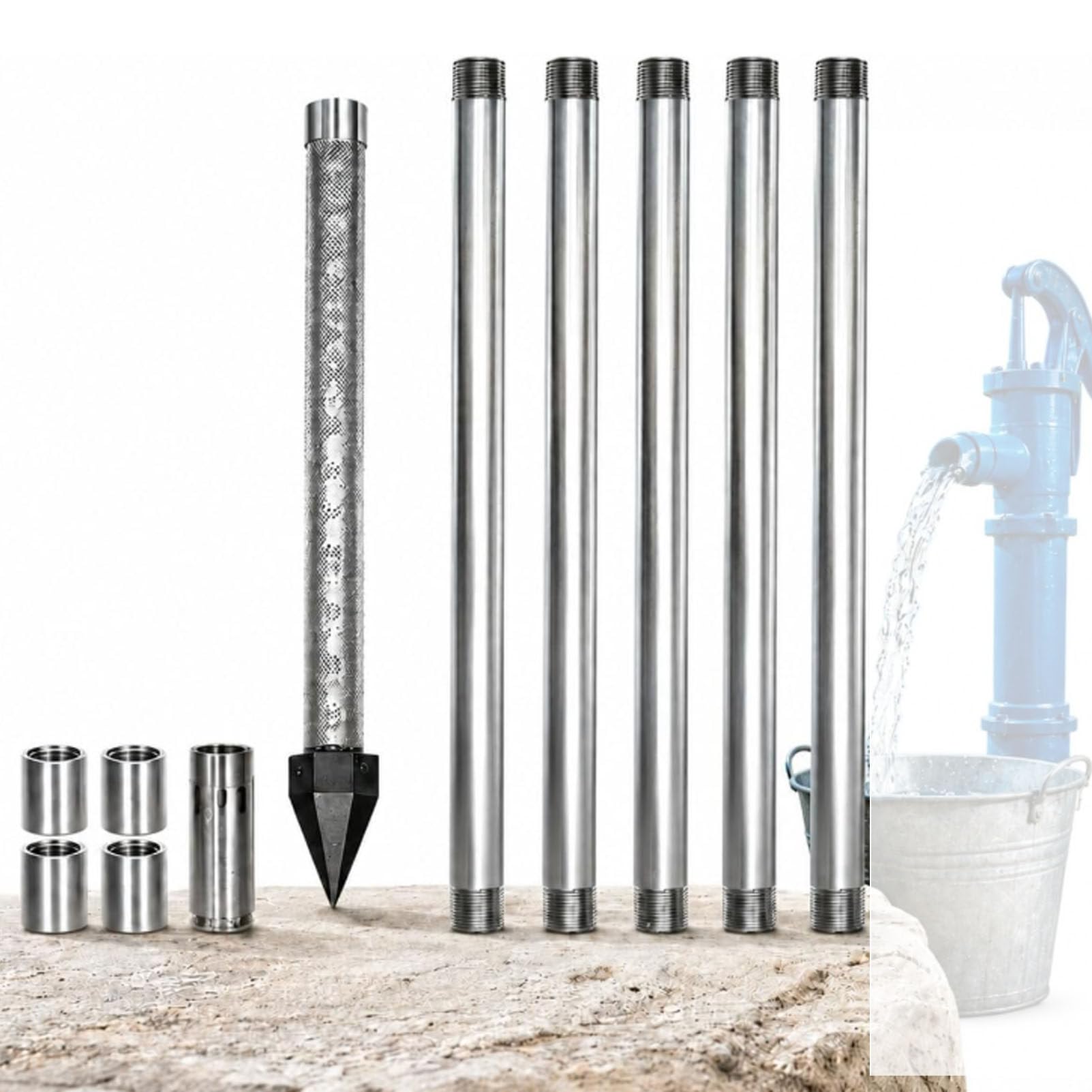 Oiyekntd Professional Sand Point Well Kit, 1-1/4 Stainless Steel Drive Point Well Kit, 36-inch Well Drive Point, 60 mesh Screen, Heavy Duty Galvanized Drive Pipes and Couplings NoWaterPump-6M