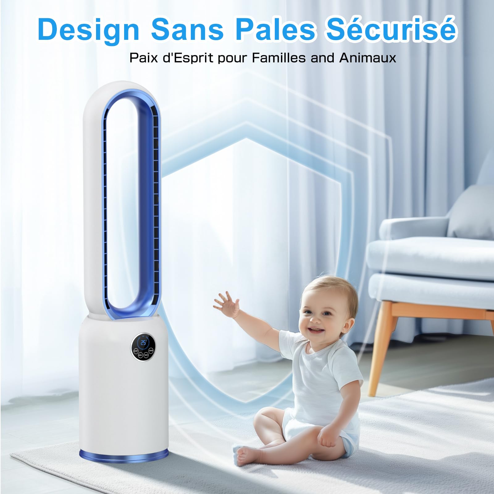 Ventilateur Colonne Silencieux, 90° Oscillation&24 Vitesses pour Ventilateur Sans Pale, Ventilateur Tour avec 12H Minuteries, Ventilateur Sans Lame avec Télécommande et Ecran Tactile (Bleu)